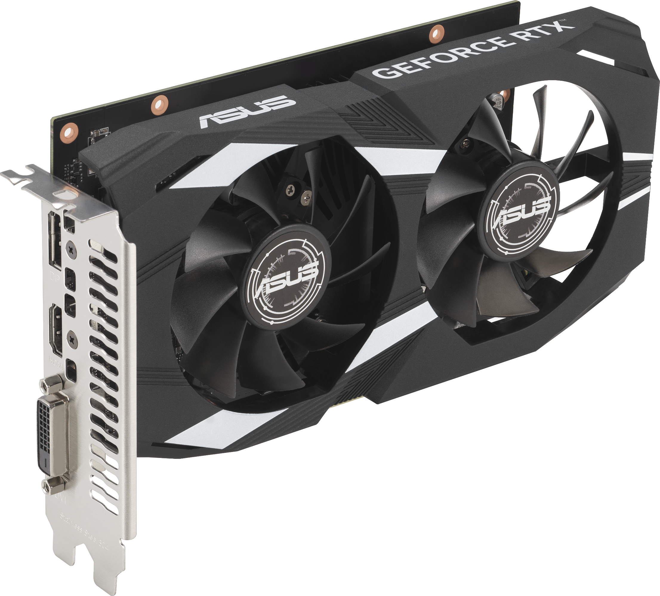 Une carte graphique ASUS GeForce RTX noire et argentée. Elle possède deux ventilateurs, le logo ASUS et les mots GeForce RTX.