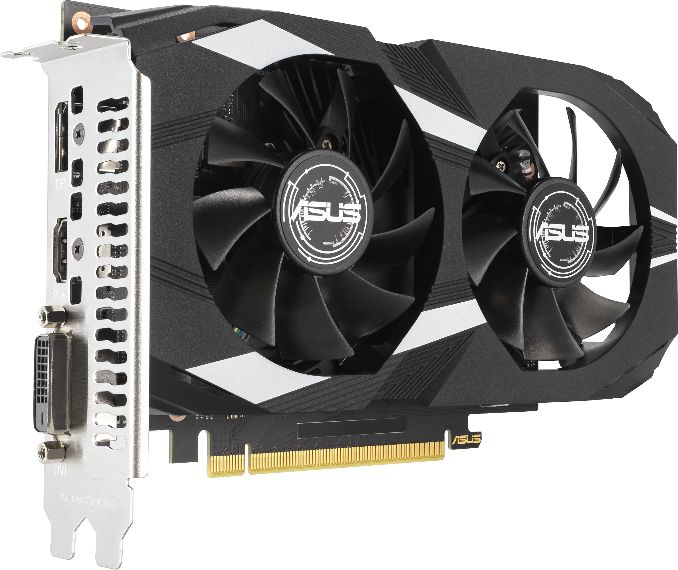 Une carte graphique ASUS noire et argentée. Elle possède deux ventilateurs et un support argenté avec des ports d'affichage.