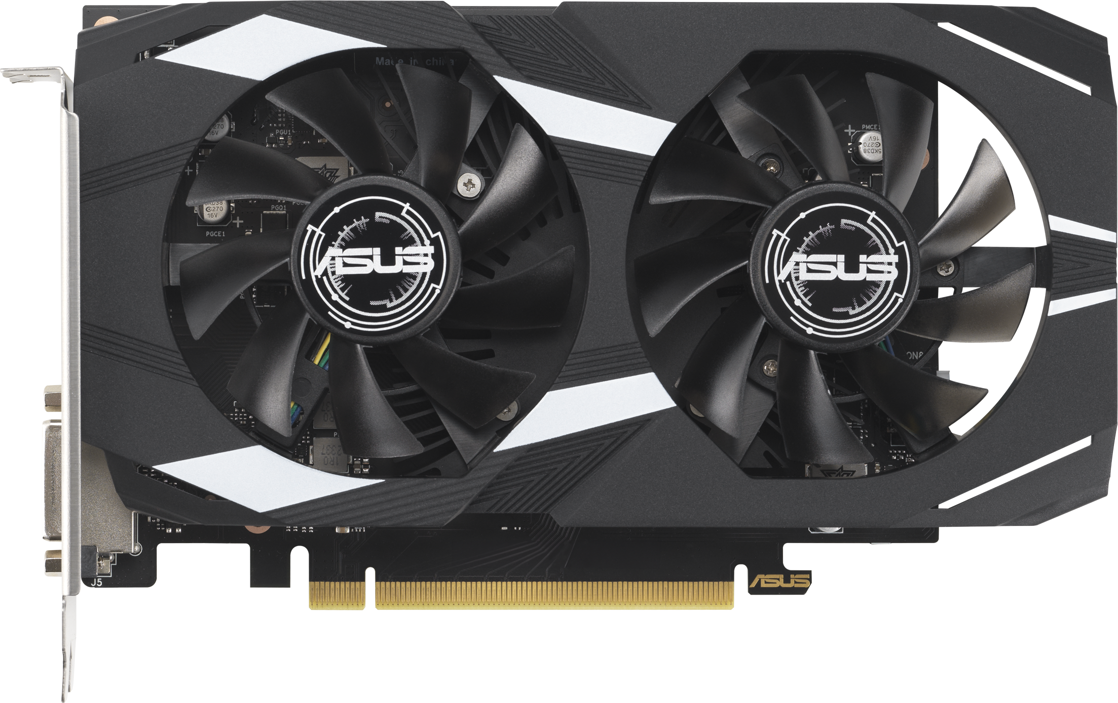 Une carte graphique ASUS avec deux ventilateurs noirs, des accents blancs et un connecteur doré. Le fond est blanc.