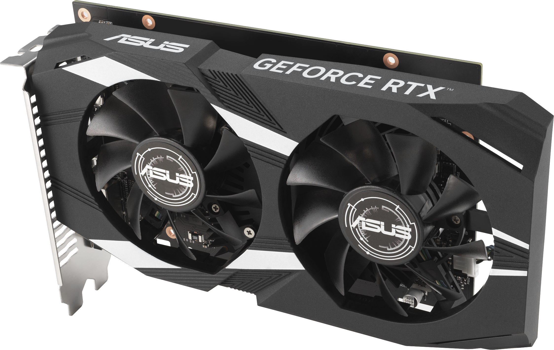 Carte graphique noire et blanche. Deux ventilateurs avec le logo ASUS. "GEFORCE RTX" est imprimé dessus. Fond blanc.