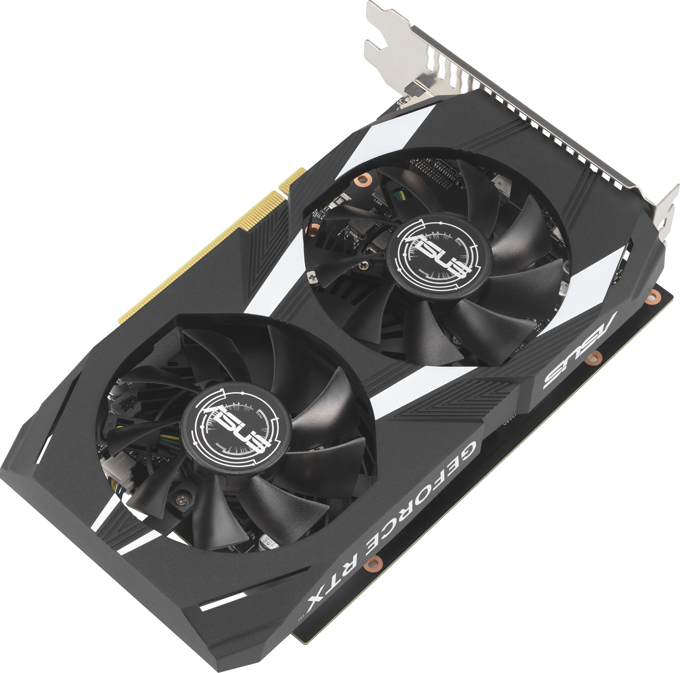 Une carte graphique ASUS GeForce RTX noire et blanche avec deux ventilateurs, sur fond blanc.