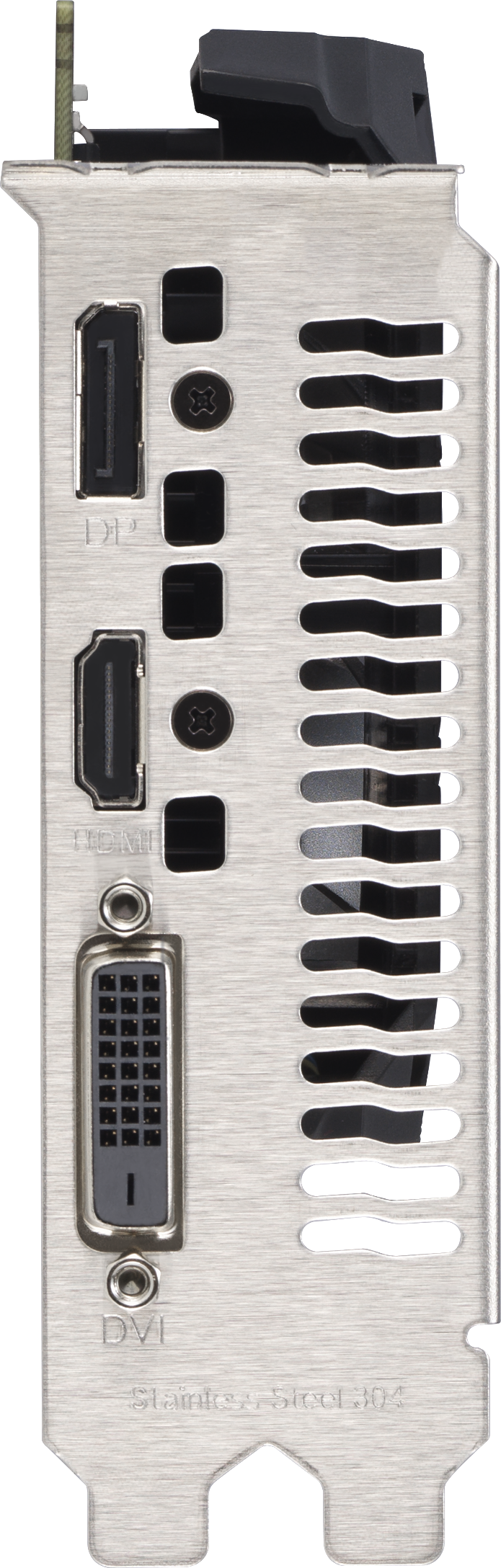 Gros plan d'une carte graphique. Elle montre les ports: DP, HDMI, DVI, et des trous de ventilation. La surface est en acier brossé.