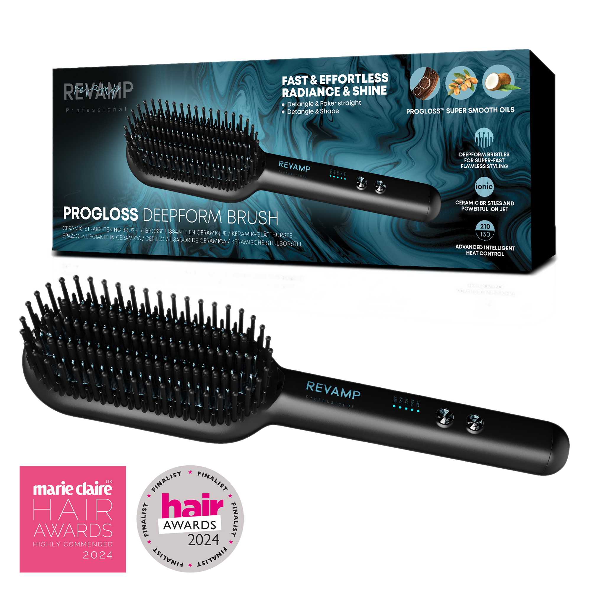 Czarna szczotka Revamp Progloss deepform. Ma czarną główkę i czarny uchwyt. Tekst na pudełku wskazuje na nagrody.