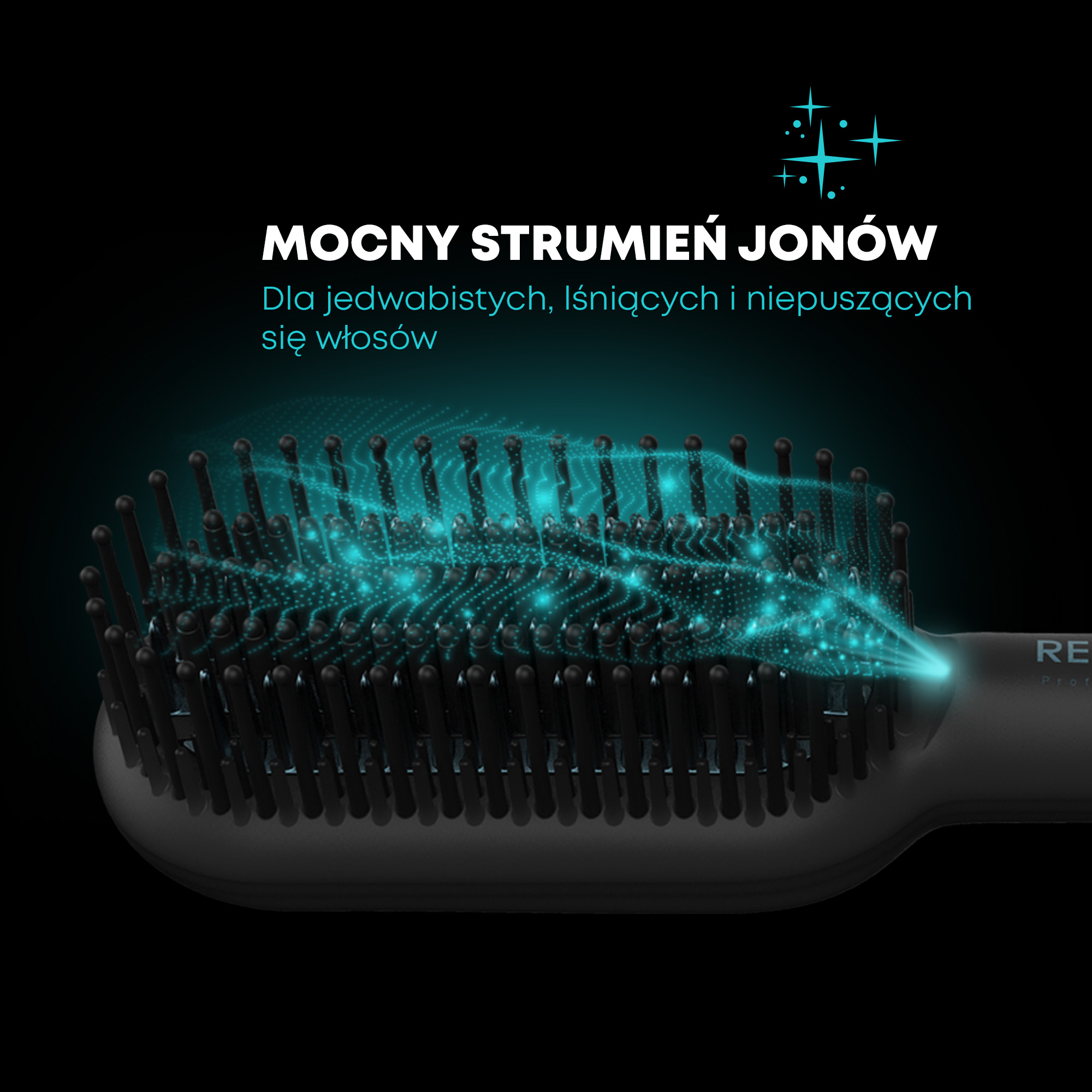 Czarna szczotka do włosów z niebieskim przepływem jonów. Tekst: 'Silny przepływ jonów', dla jedwabistych, lśniących i nie puszących się włosów.