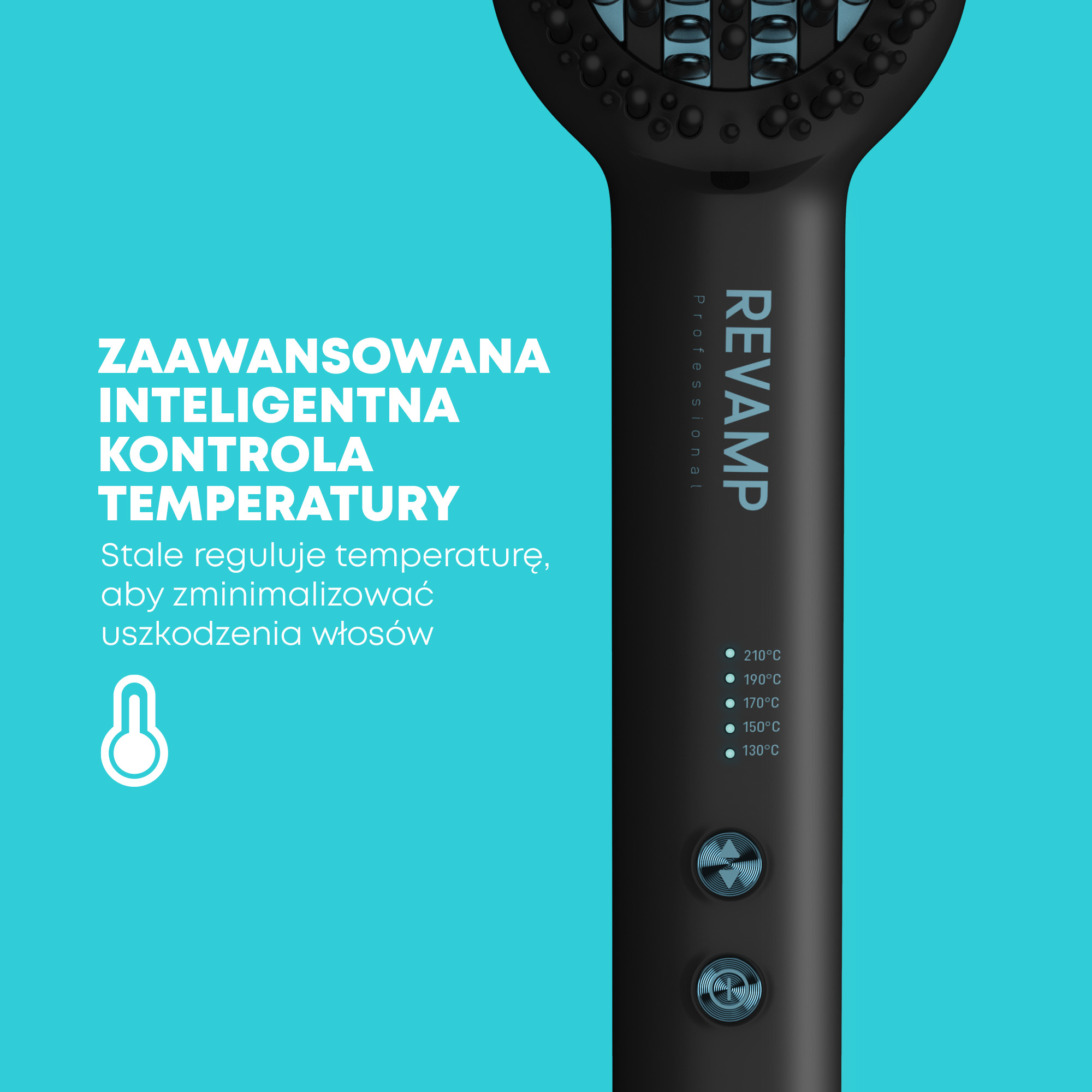 Czarna prostownica do włosów Revamp z ustawieniami temperatury na turkusowym tle, z polskim tekstem o kontroli temperatury.
