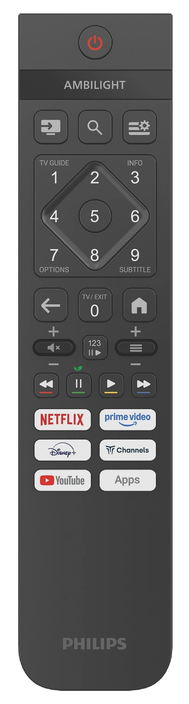 Ciemnoszary pilot Philips z wieloma przyciskami, w tym Netflix, YouTube i przyciskami numerycznymi.