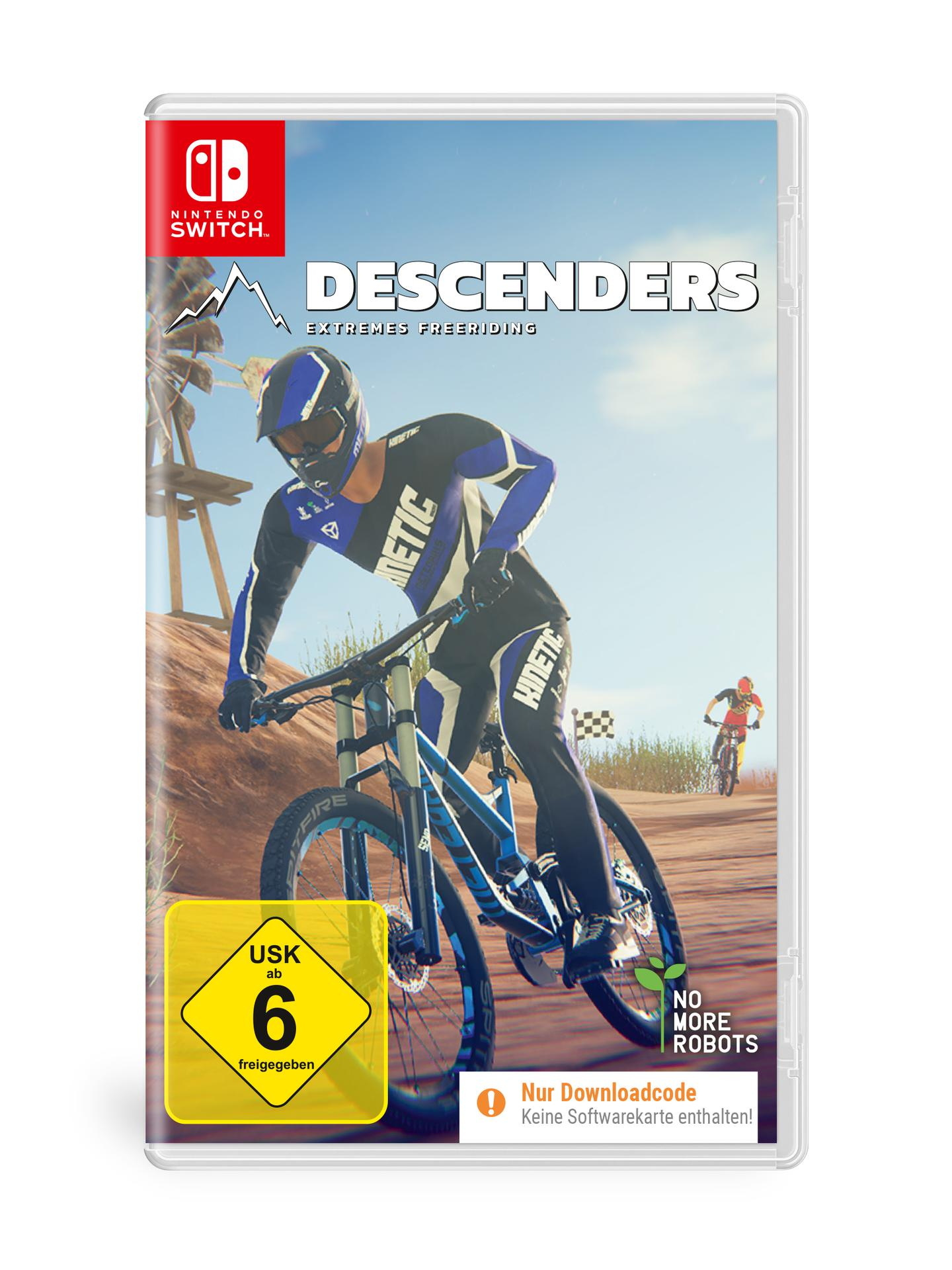 Spiel-Box-Art zeigt einen Mountainbiker in blau-schwarzer Ausrüstung. Das Spiel heißt Descenders.