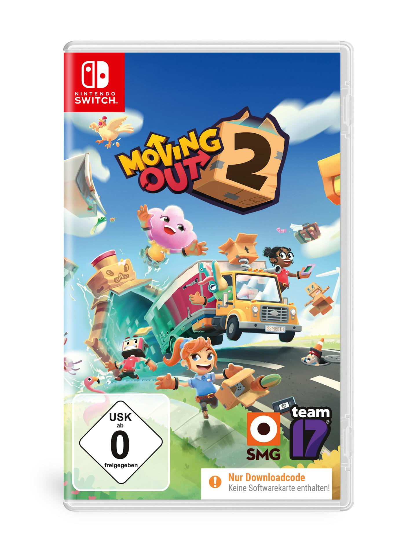 Spielcover für Moving Out 2 auf Nintendo Switch. Charaktere räumen Möbel in einen Transporter. Das Logo des Spiels ist sichtbar.