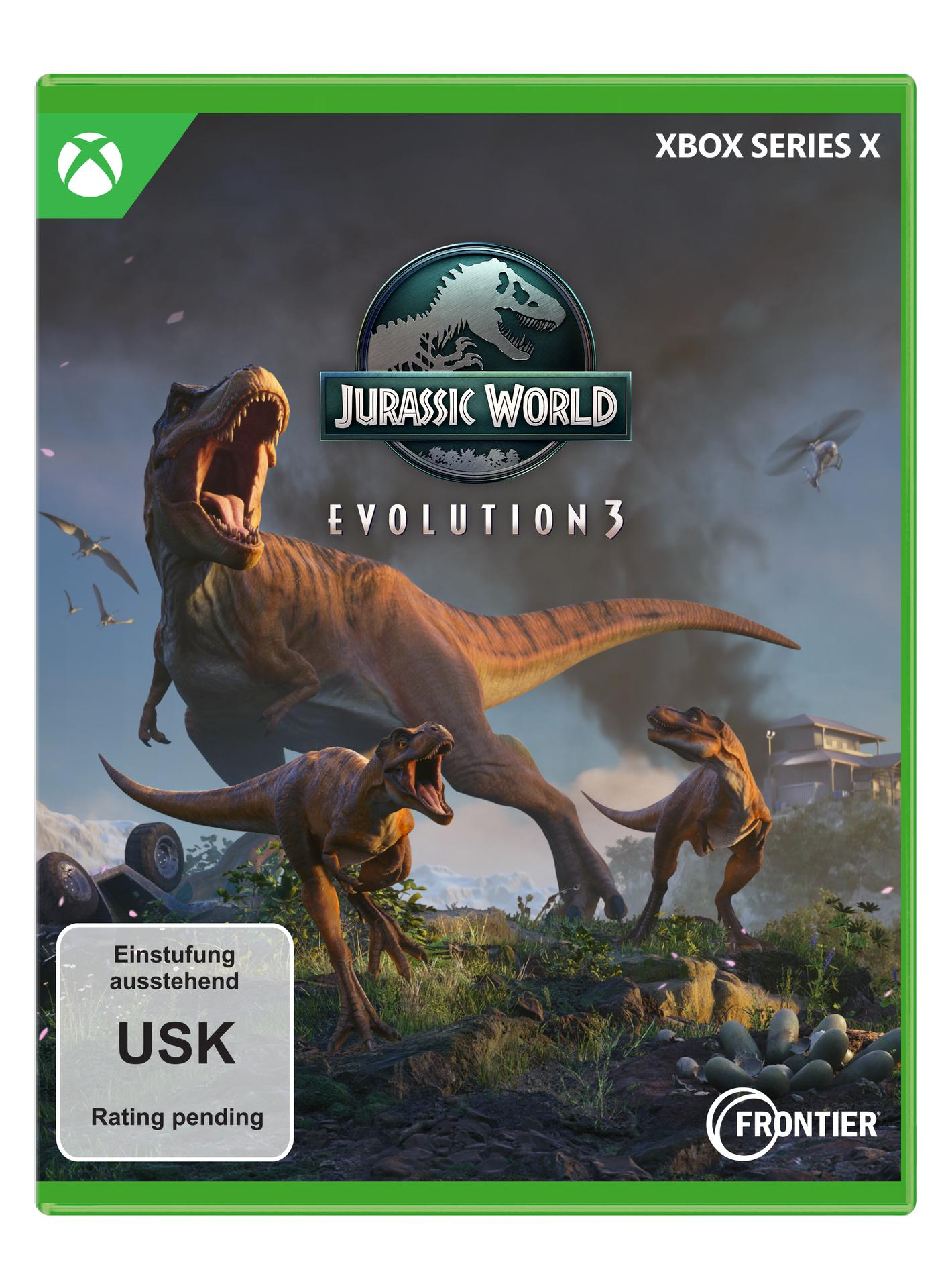Xbox Series X-Spielcover: Jurassic World Evolution 3, mit Dinosauriern in einer üppigen, prähistorischen Umgebung.