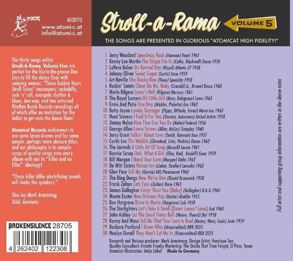 Albumcover mit 'Stroll-a-Rama Vol. 5', Songliste und Atomicat-Logo. Rote und gelbe Farben dominieren das Design.