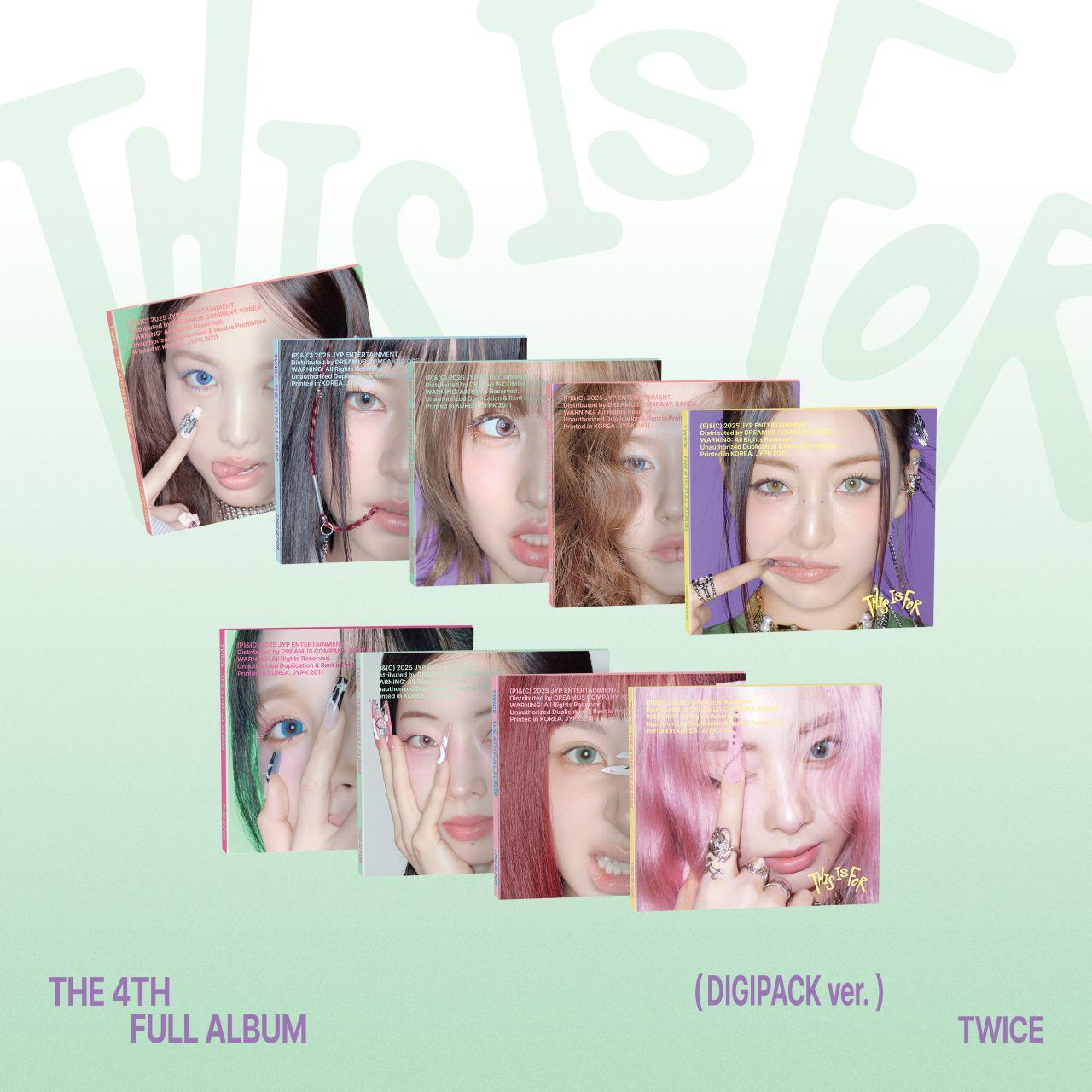 Album borító kilenc női arccal. A 'THIS IS FOR' szöveg látható. Album címe: The 4th Full Album (Digipack ver.) TWICE.