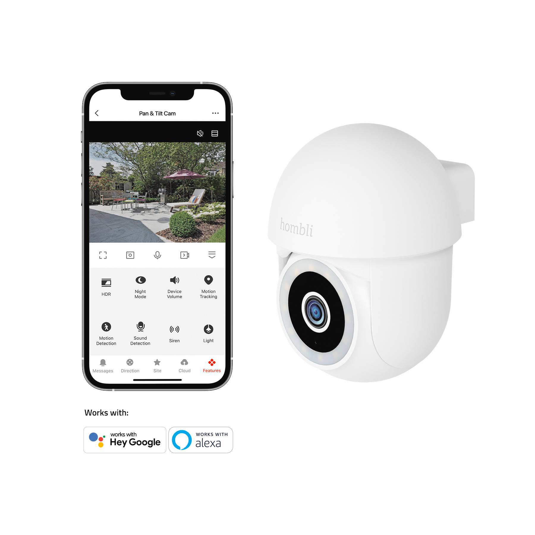 Weiße Überwachungskamera neben einem Telefon, das eine Gartenansicht zeigt. Die Kamera hat eine Linse und ist mit 'hombli' versehen.