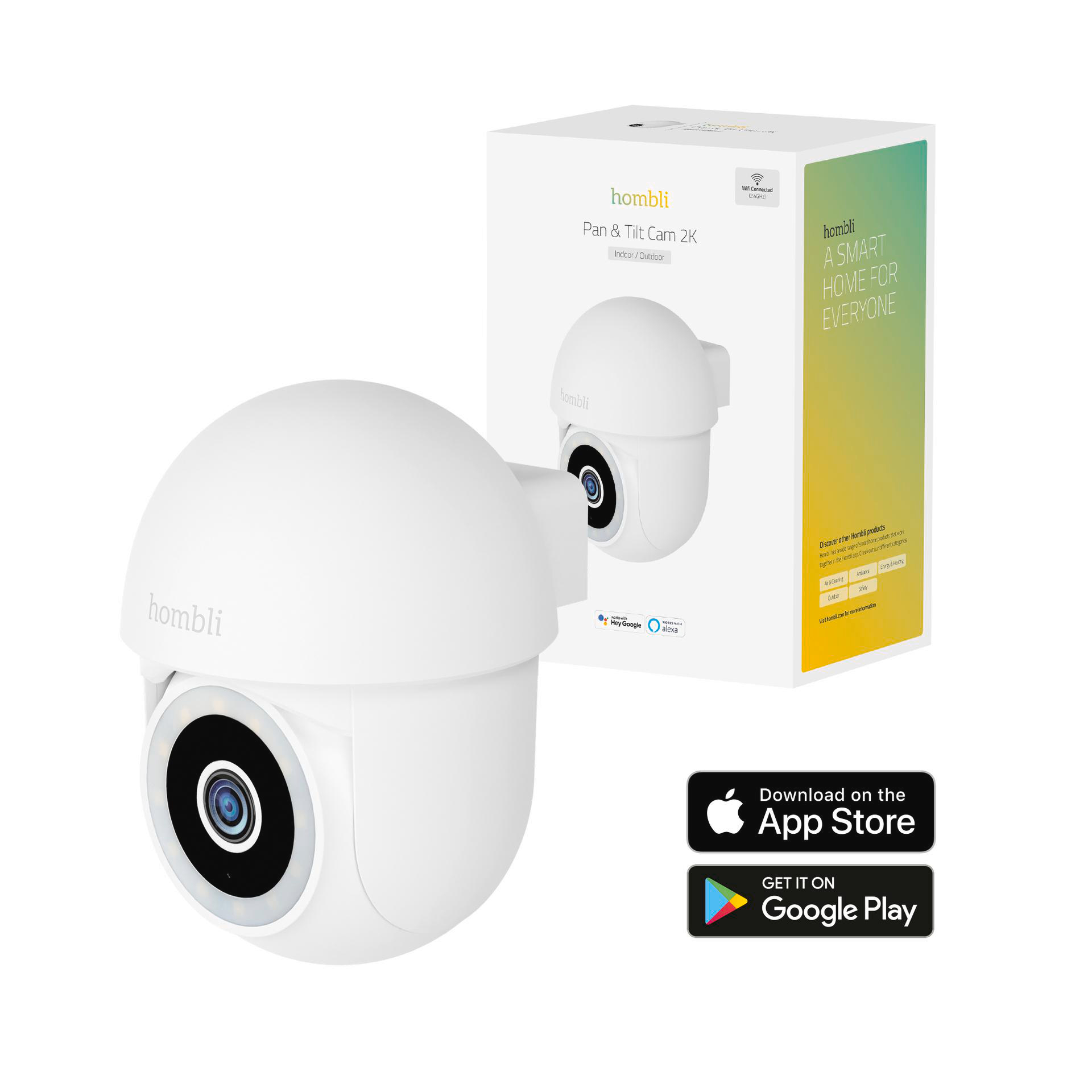 Weiße hombli Pan & Tilt Cam 2K auf weißer Box. Es hat ein Objektiv und ist als Smart-Home-Gerät gekennzeichnet.