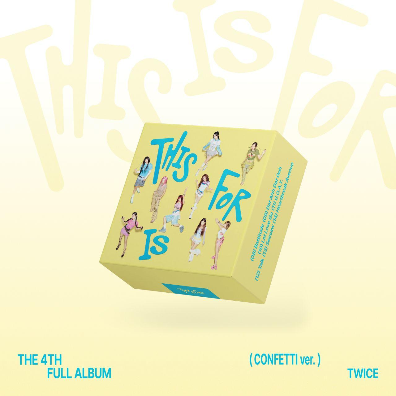 Gelbe Albumbox mit Text 'This Is For' und Bildern von Mitgliedern. Text enthält 'The 4th Full Album' und 'Confetti ver.'.