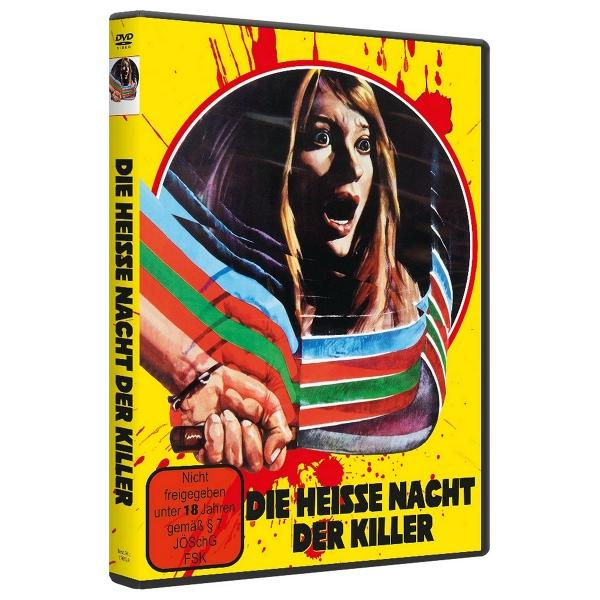 DVD-Cover mit schreiender Frau, Hand mit Messer und Blutspritzern, mit deutschem Text: Die Heisse Nacht Der Killer.