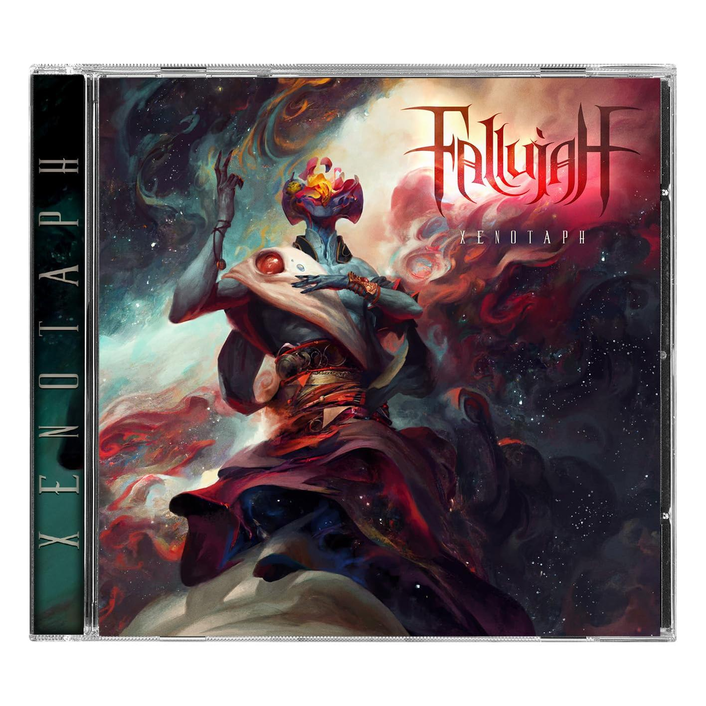 CD-Cover mit einer außerirdischen Figur in Roben vor kosmischem Hintergrund. Titel: Fallujah - Xenotaph.