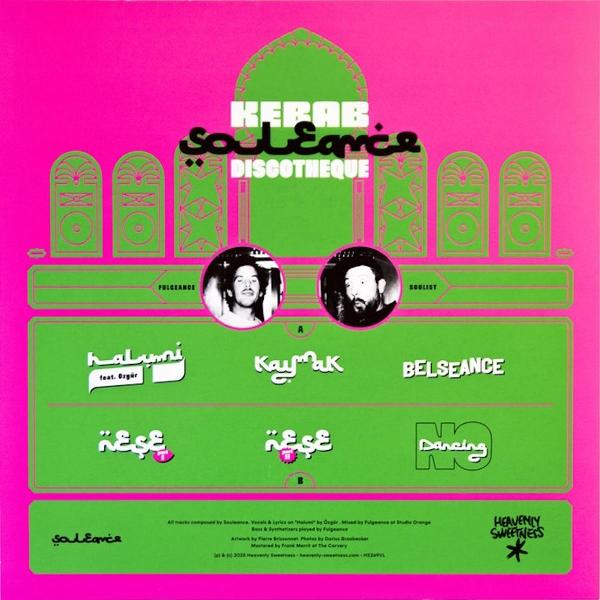 Albumcover mit grünem und pinkfarbenem Design. Enthält Text, Porträts und stilisierte Grafiken. Titel: Kebab SoulEarce Discotheque.