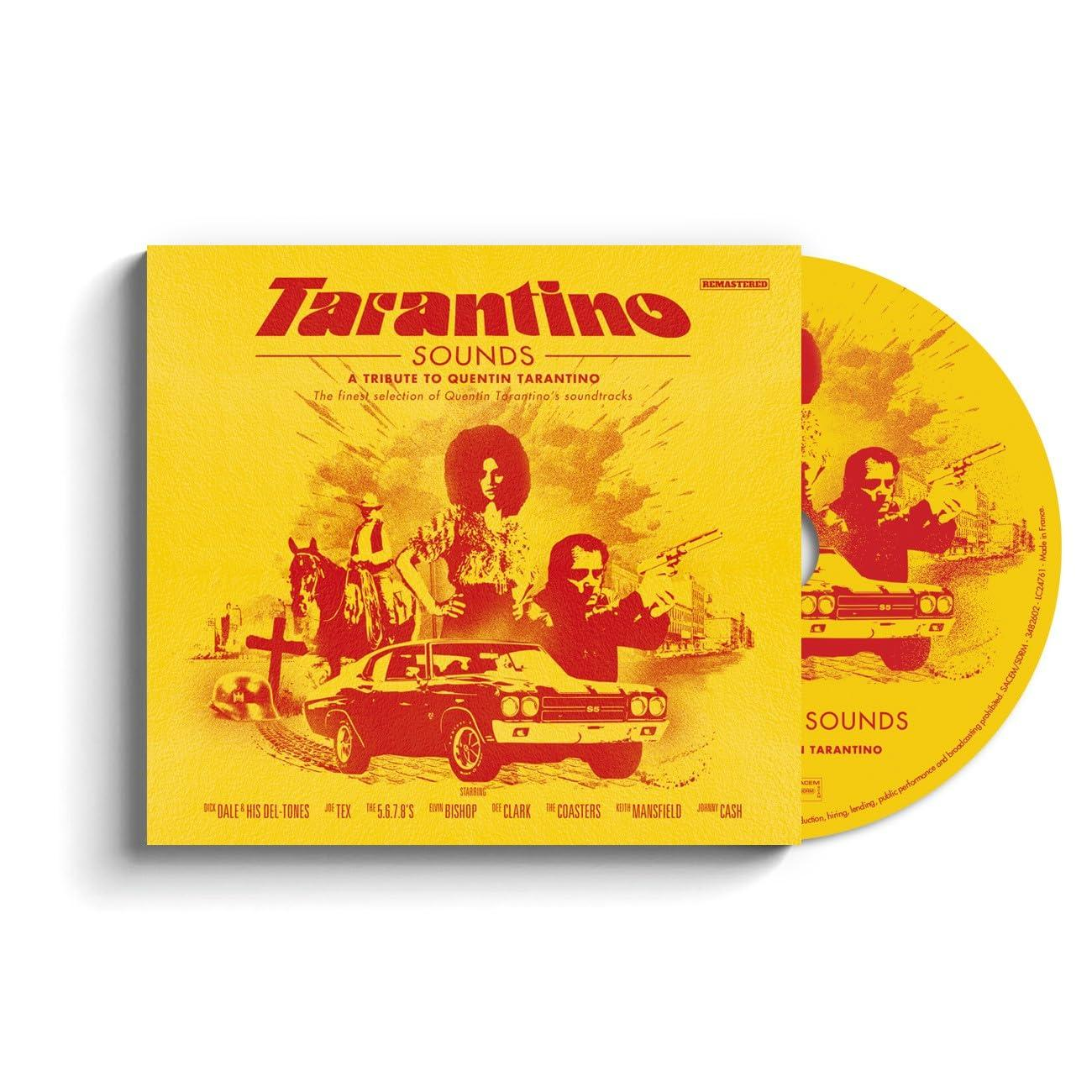 Albumcover für "Tarantino Sounds". Gelber Hintergrund mit Bildern und Text. Eine CD ist sichtbar. Enthält verschiedene Künstler und Soundtracks.