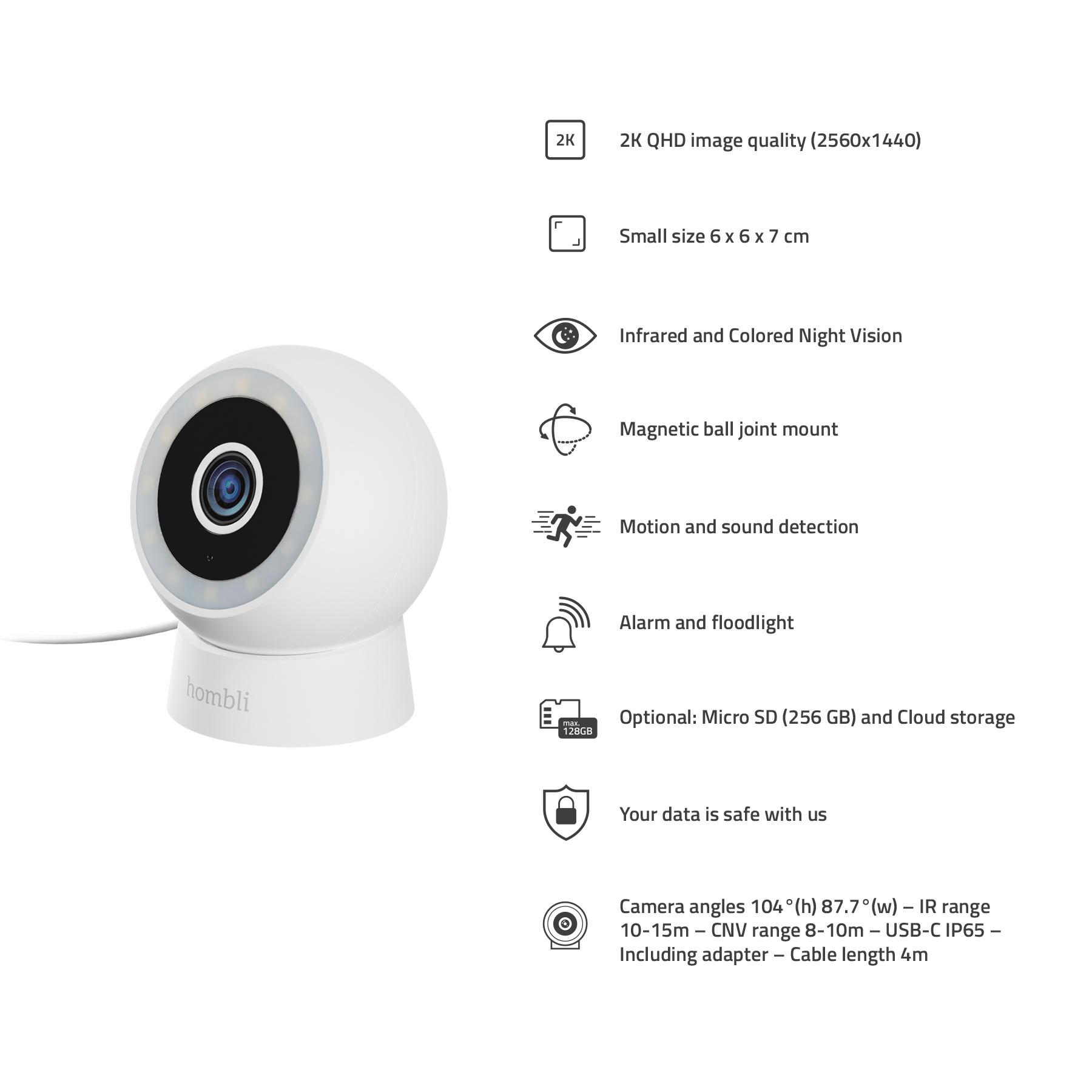 Eine weiße Hombli-Kamera mit schwarzer Linse, umgeben von Licht, und Produktspezifikationen.