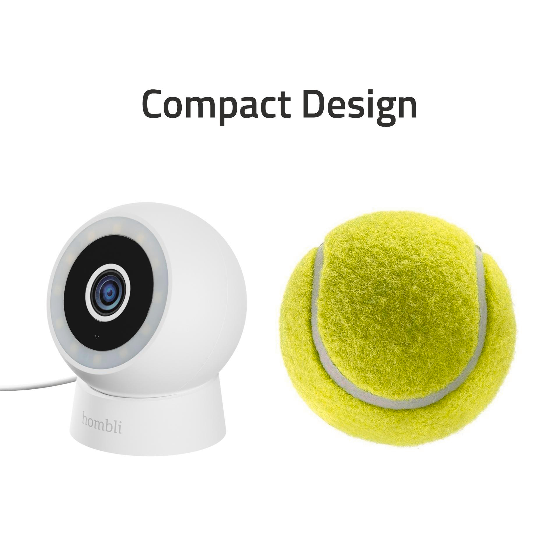 Weiße Überwachungskamera und gelber Tennisball auf Weiß. Text 'Kompaktes Design' oben.