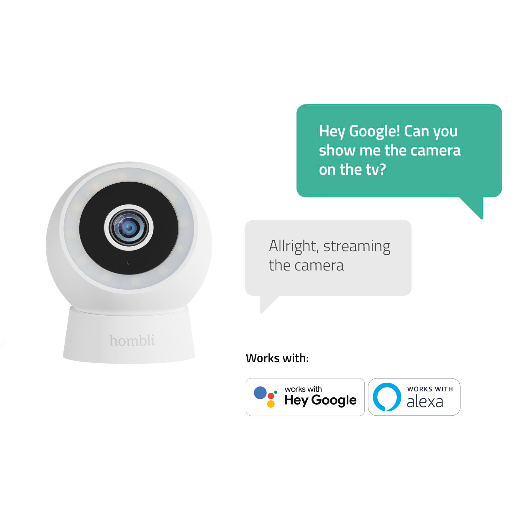 Weiße Überwachungskamera mit schwarzem Objektiv. Sprechblasen sagen: Zeig mir die Kamera. Funktioniert mit Google und Alexa.