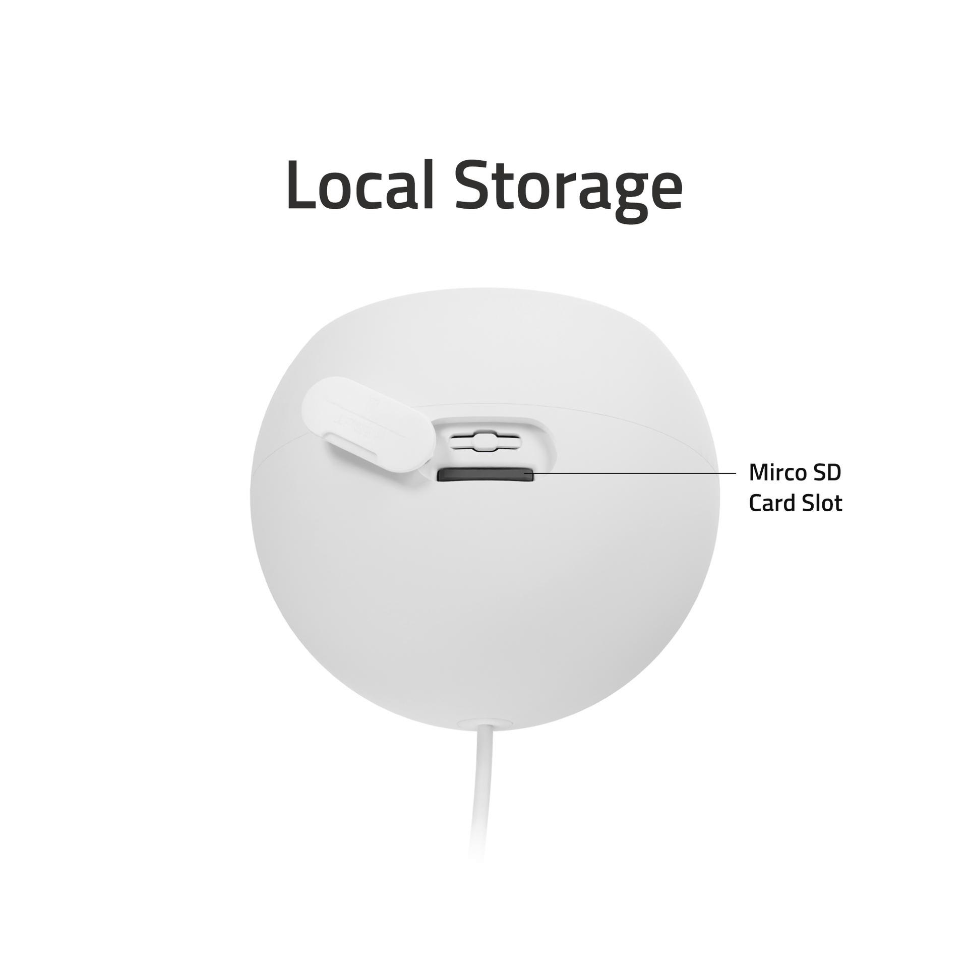Weißes, kugelförmiges Gerät mit dem Text "Local Storage". Mit Micro-SD-Kartensteckplatz. Weißer Hintergrund.
