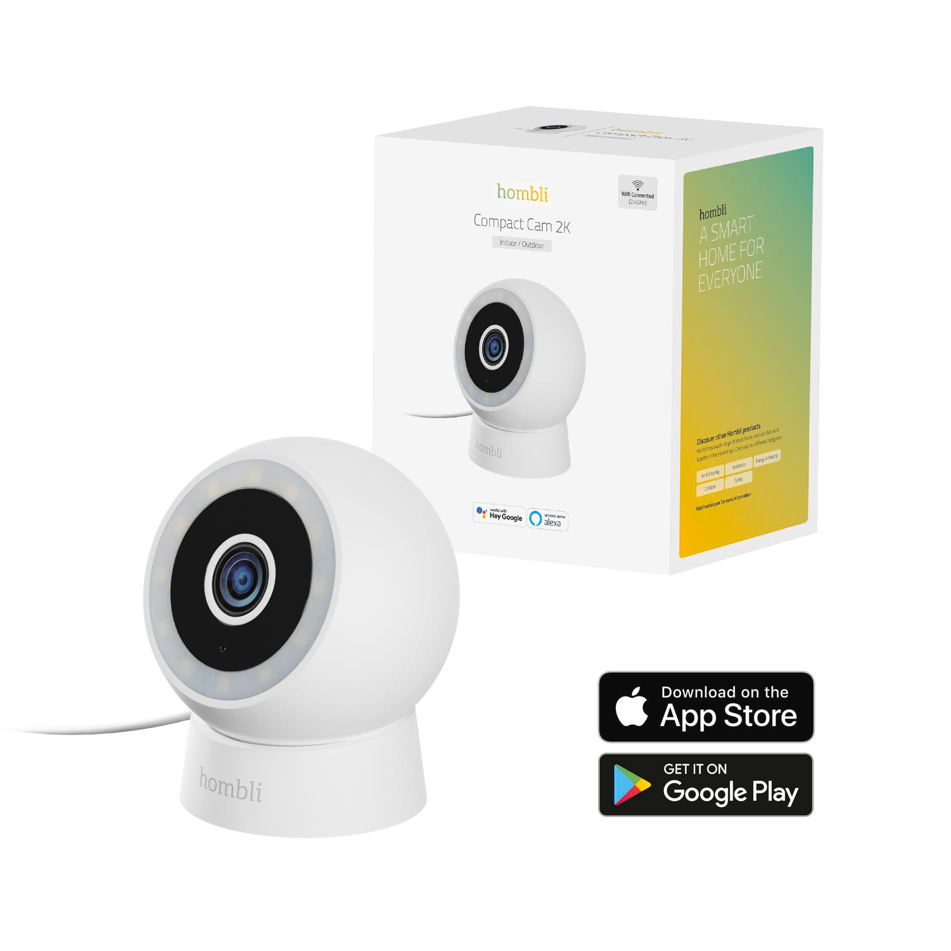 Eine weiße Hombli Compact Cam 2K Überwachungskamera mit einer Box dahinter. App Store und Google Play Download-Buttons unten.