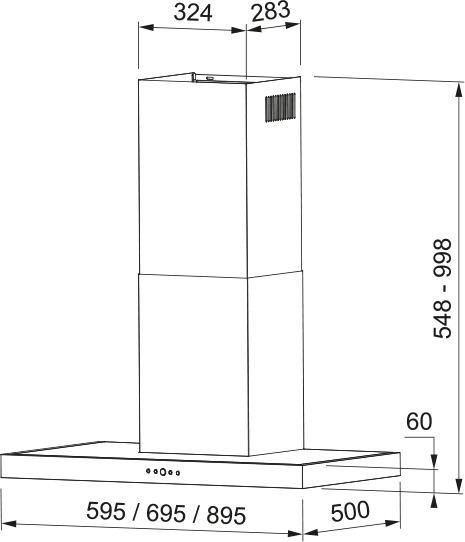 Diagrama de una campana extractora con dimensiones. Muestra una base rectangular, una caja ascendente y una sección superior más alta.
