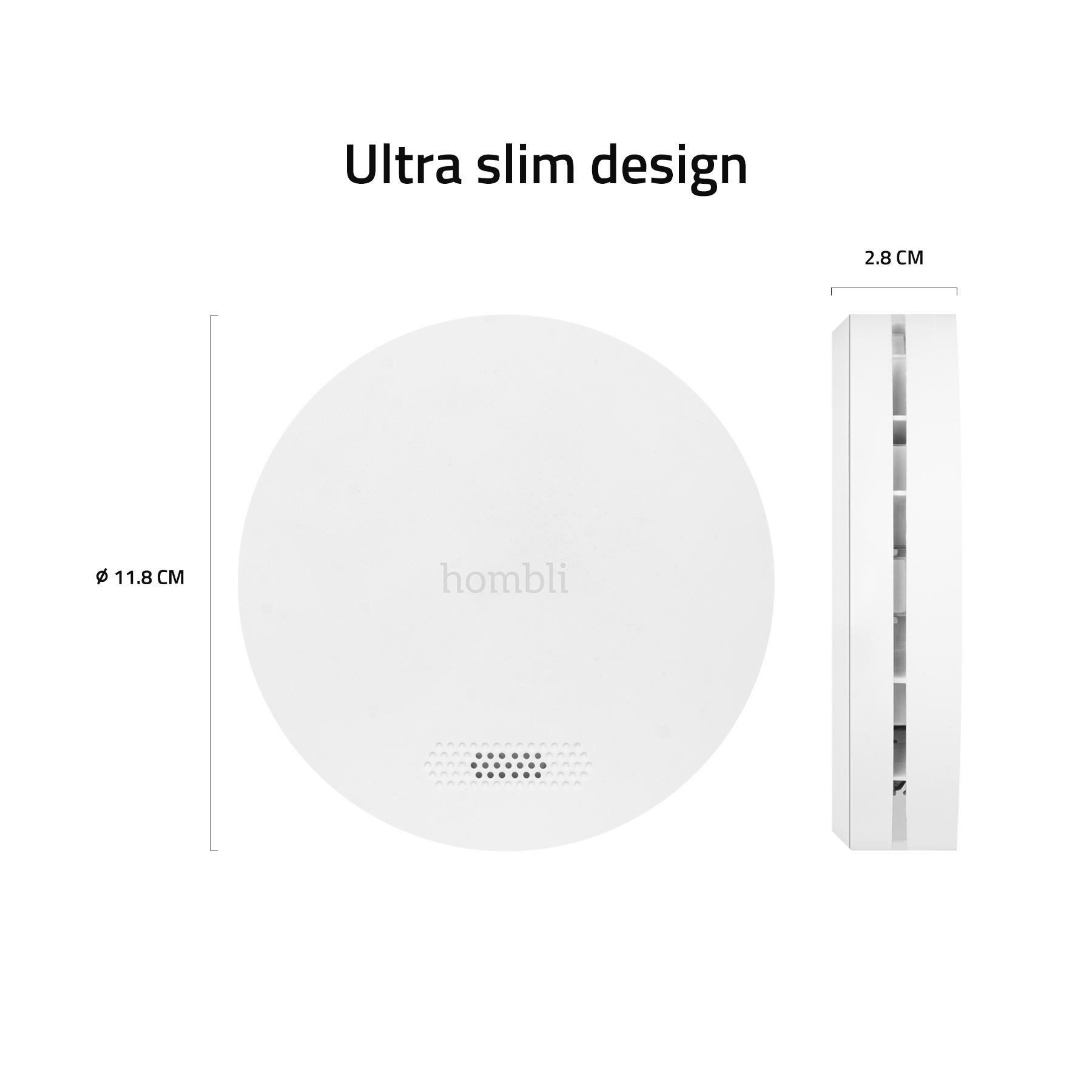 Weißes, rundes Gerät mit 'hombli'-Text, 11,8 cm Durchmesser, neben einem 2,8 cm dicken rechteckigen Gerät; Text 'Ultra schlankes Design'.