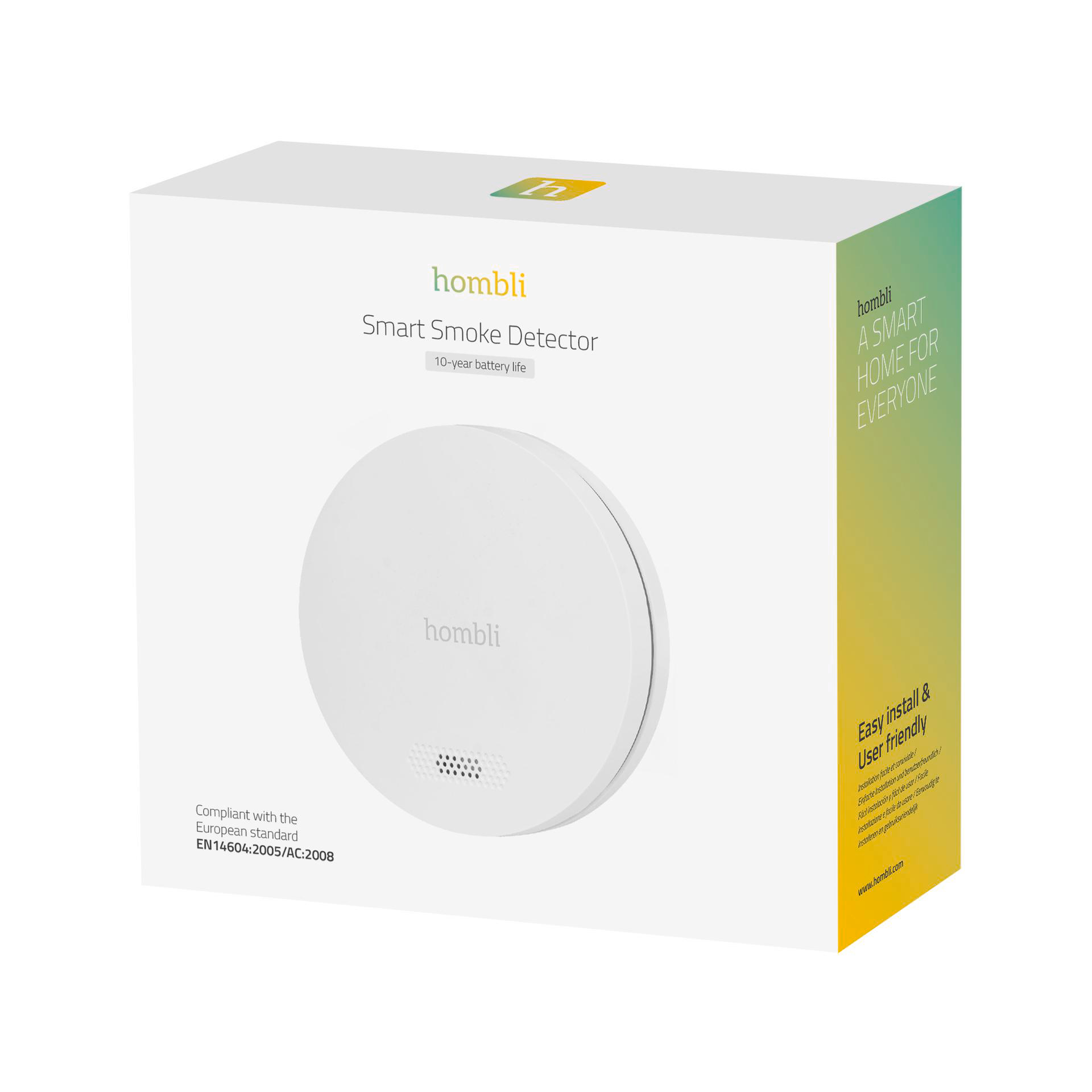 Schachtel mit Rauchmelder. Die Marke ist hombli. Es ist weiß und rund. Text enthält 'Smart Smoke Detector' und '10 Jahre Batterielebensdauer'.