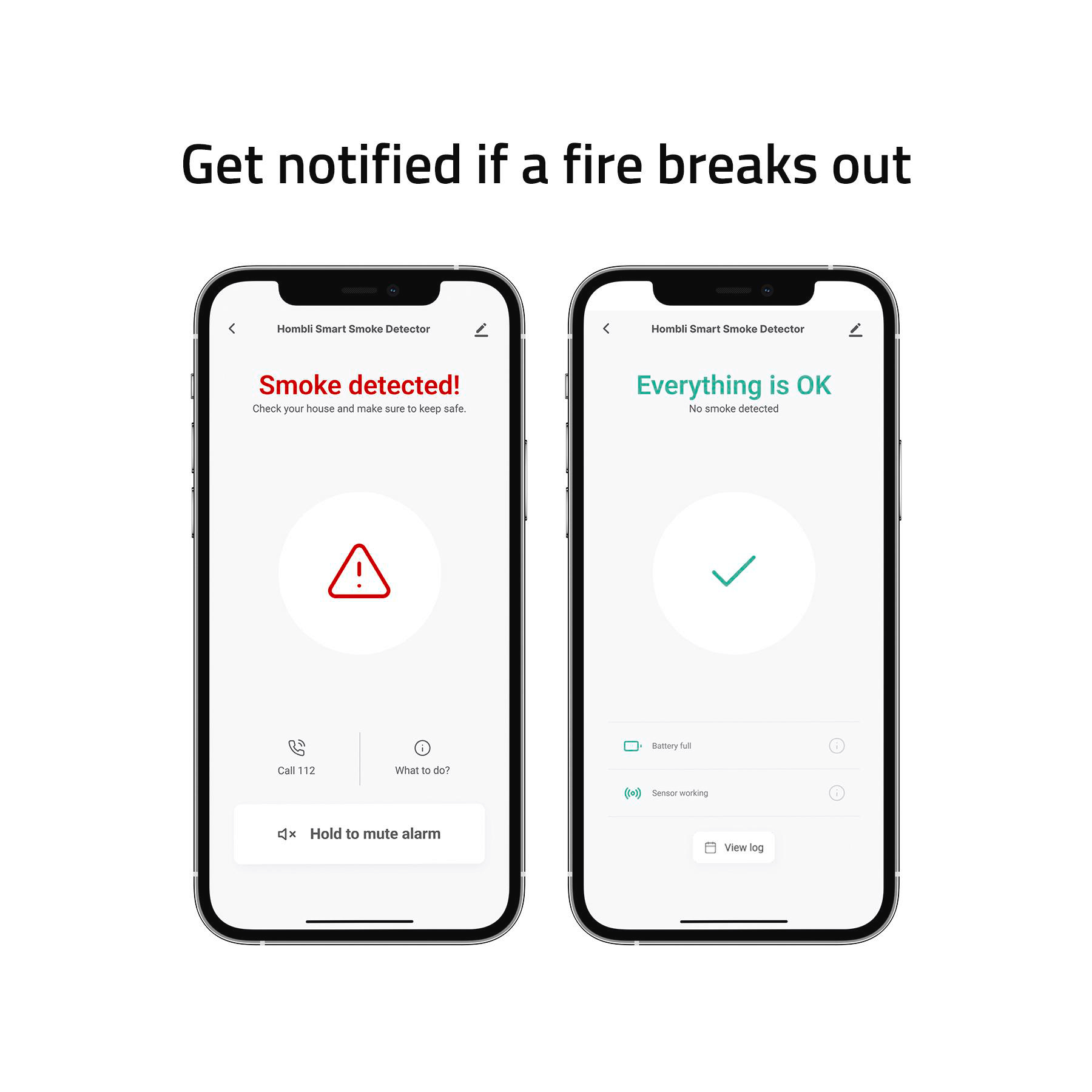 Zwei Telefone zeigen Benachrichtigungen der Rauchmelder-App an. Eines sagt 'Rauch erkannt' mit einem Alarm-Symbol, das andere 'Alles in Ordnung'.