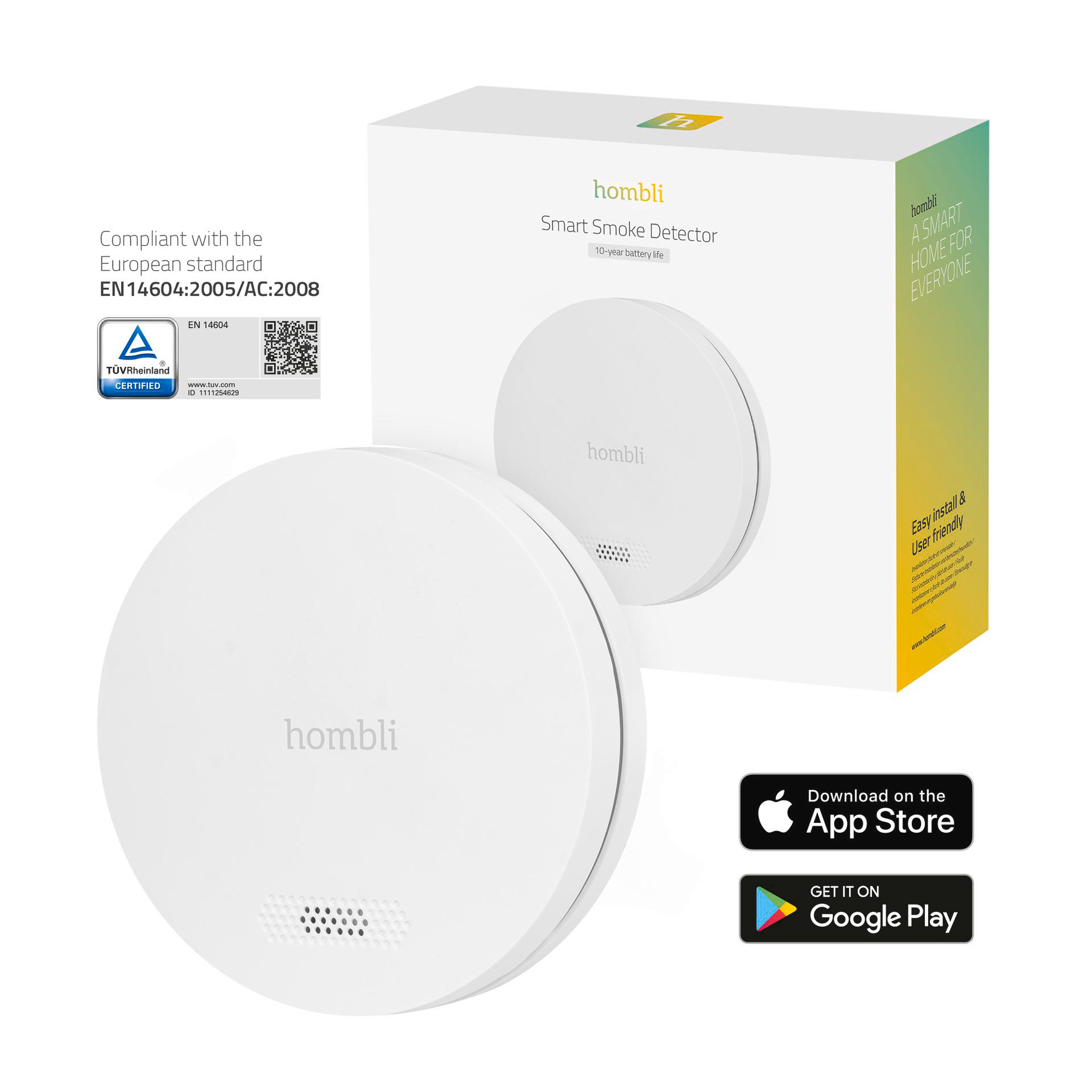 Ein weißer Rauchmelder mit dem Markennamen 'hombli'. Die Verpackung zeigt ein Produktfoto und App-Store-Download-Optionen.