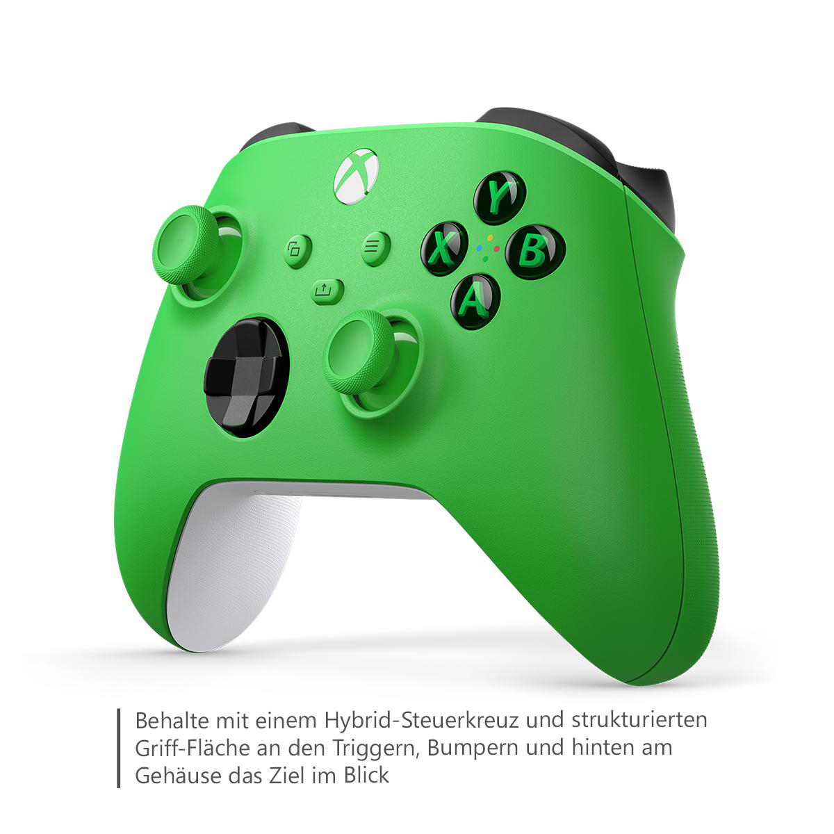 Grüner Xbox-Controller mit A, B, X, Y Tasten. Mit Analog-Sticks, Triggern und Steuerkreuz. Weißer Boden.