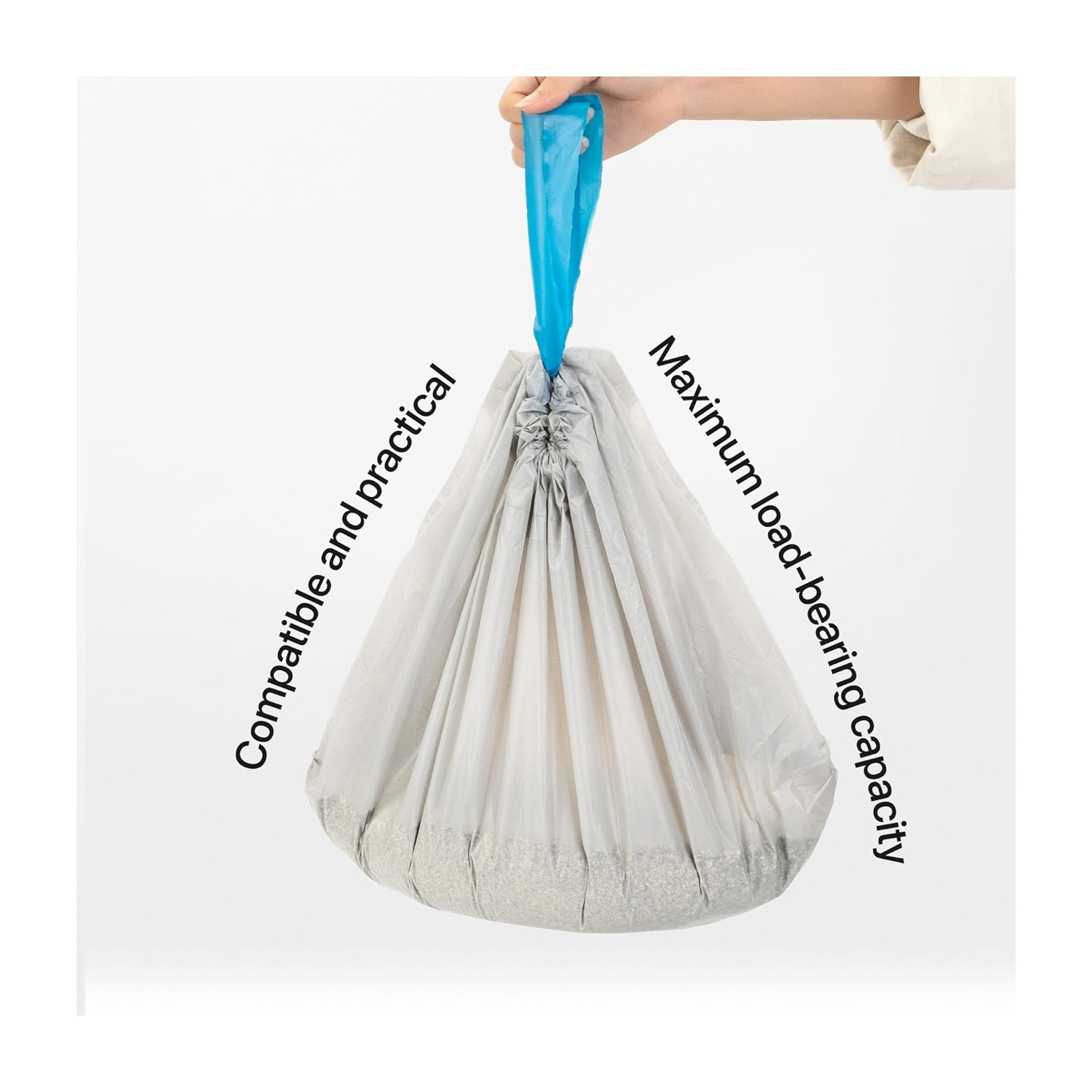 Una persona tiene in mano una borsa bianca con un manico blu. Il testo indica "Compatibile e pratico" e "Capacità di carico massima".