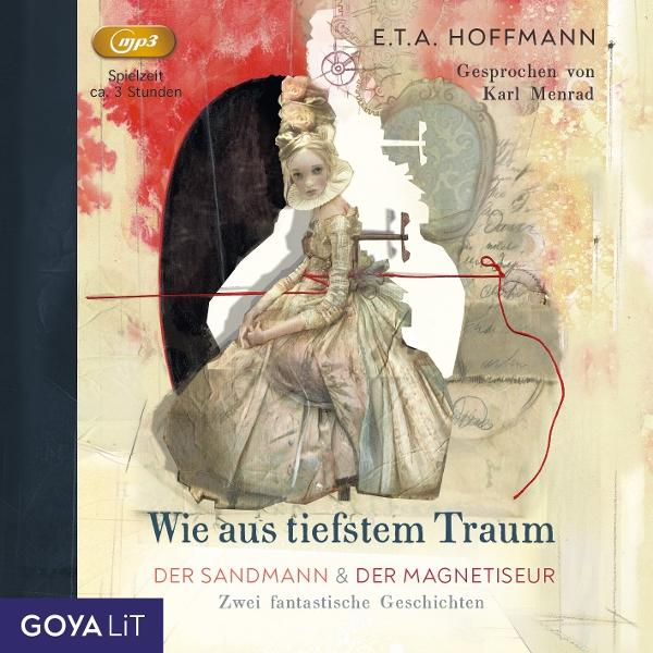 Cover-Art für ein Hörbuch: eine Frau in einem historischen Kleid sitzt auf einem Stuhl, roter Faden, Text auf Deutsch, und ein 'mp3' Logo.