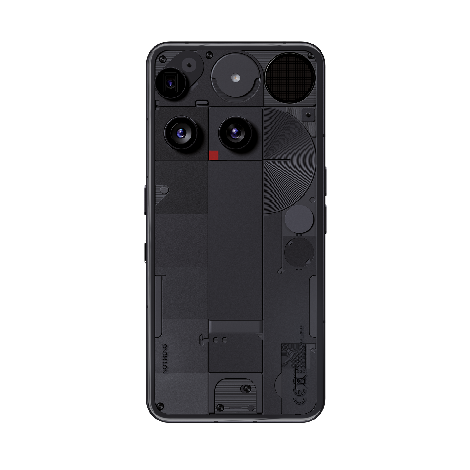 Parte trasera de smartphone negra con cámaras, sensores y marca Nothing. Diseño transparente con componentes visibles.