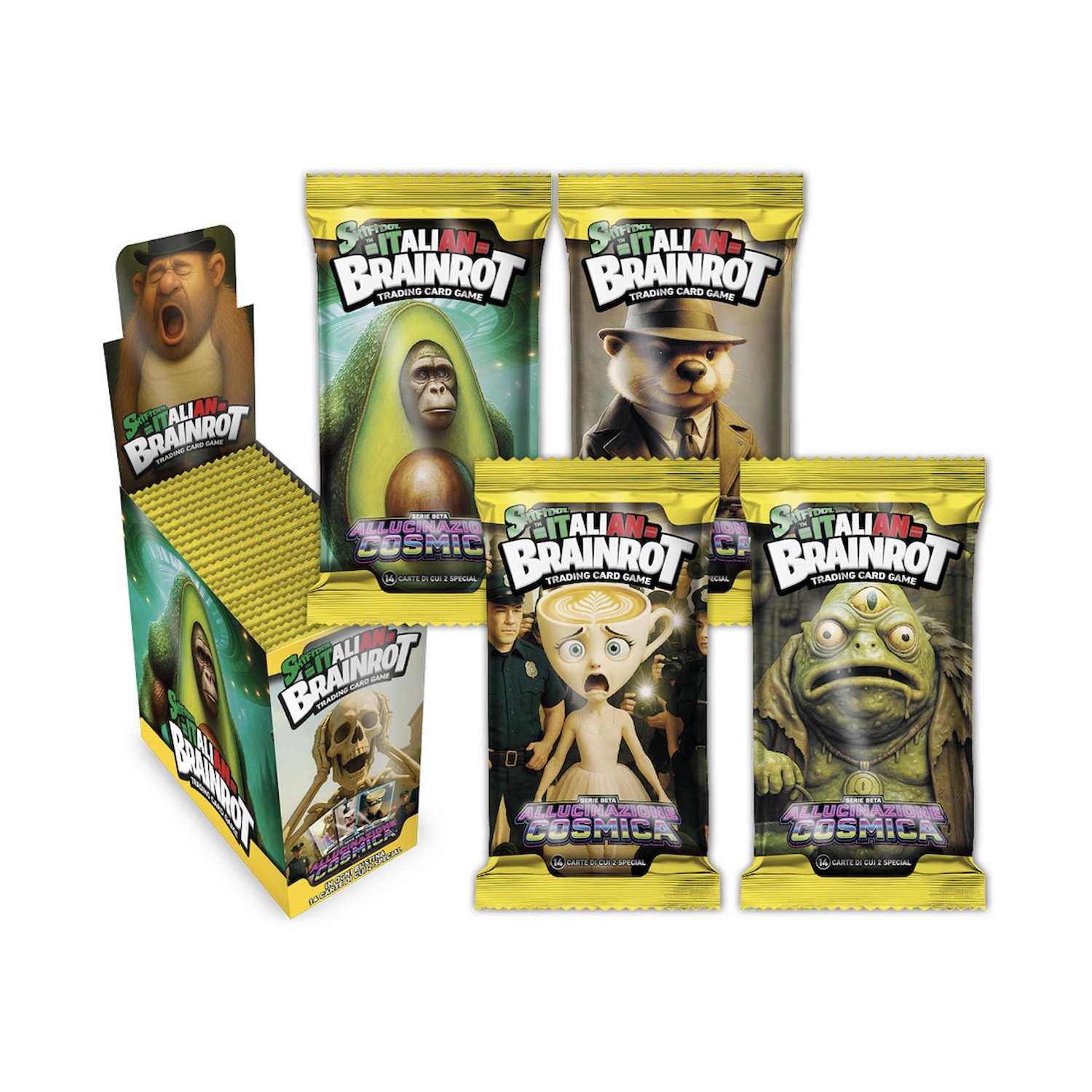 Confezioni e box espositore di carte collezionabili. Le confezioni presentano personaggi dei cartoni animati, con un espositore con un avocado.