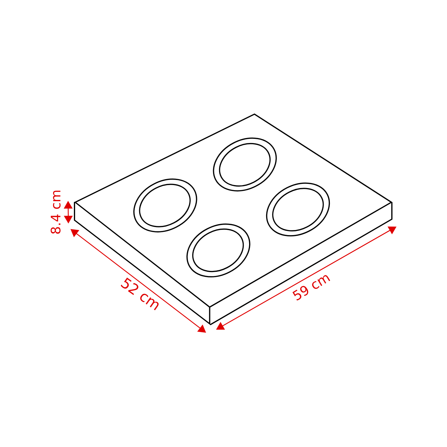 Isometric view of a cooktop with four circular burners. Dimensions are labeled: 59cm, 52cm, and 8.4cm.