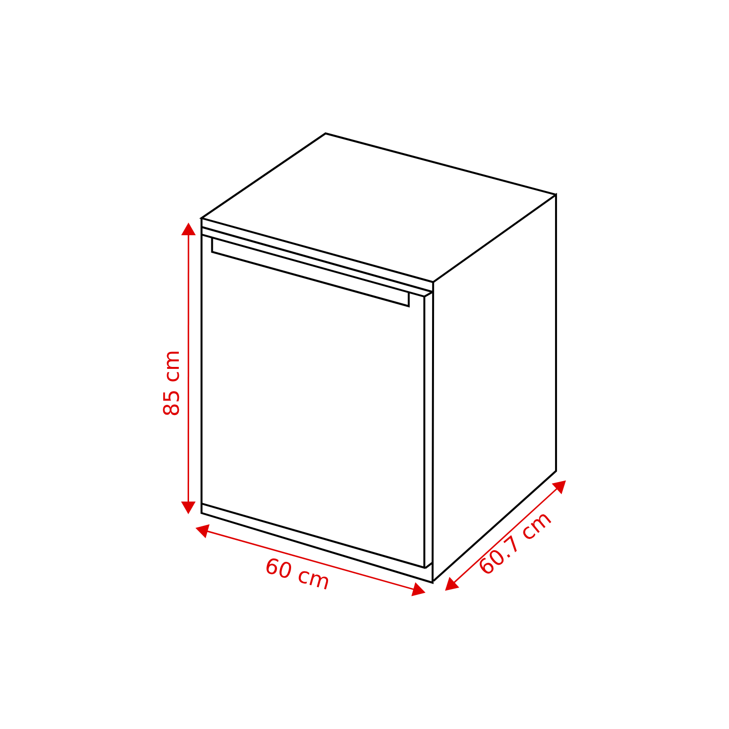 A white, outlined dishwasher with dimensions indicated: 85 cm height, 60 cm width, and 60.7 cm depth. The dimensions are marked with red arrows.