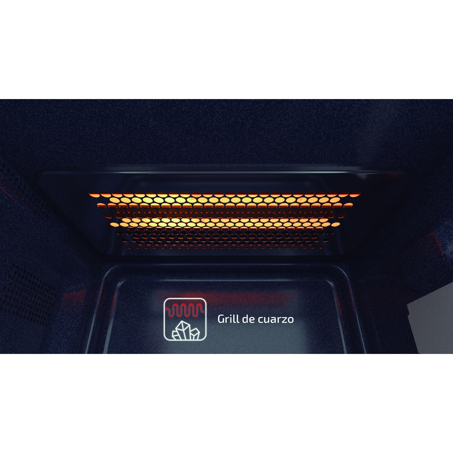 All'interno di un forno a microonde, è visibile una griglia al quarzo incandescente. L'interno del forno è scuro, con un pannello di controllo etichettato 'Grill de cuarzo'.