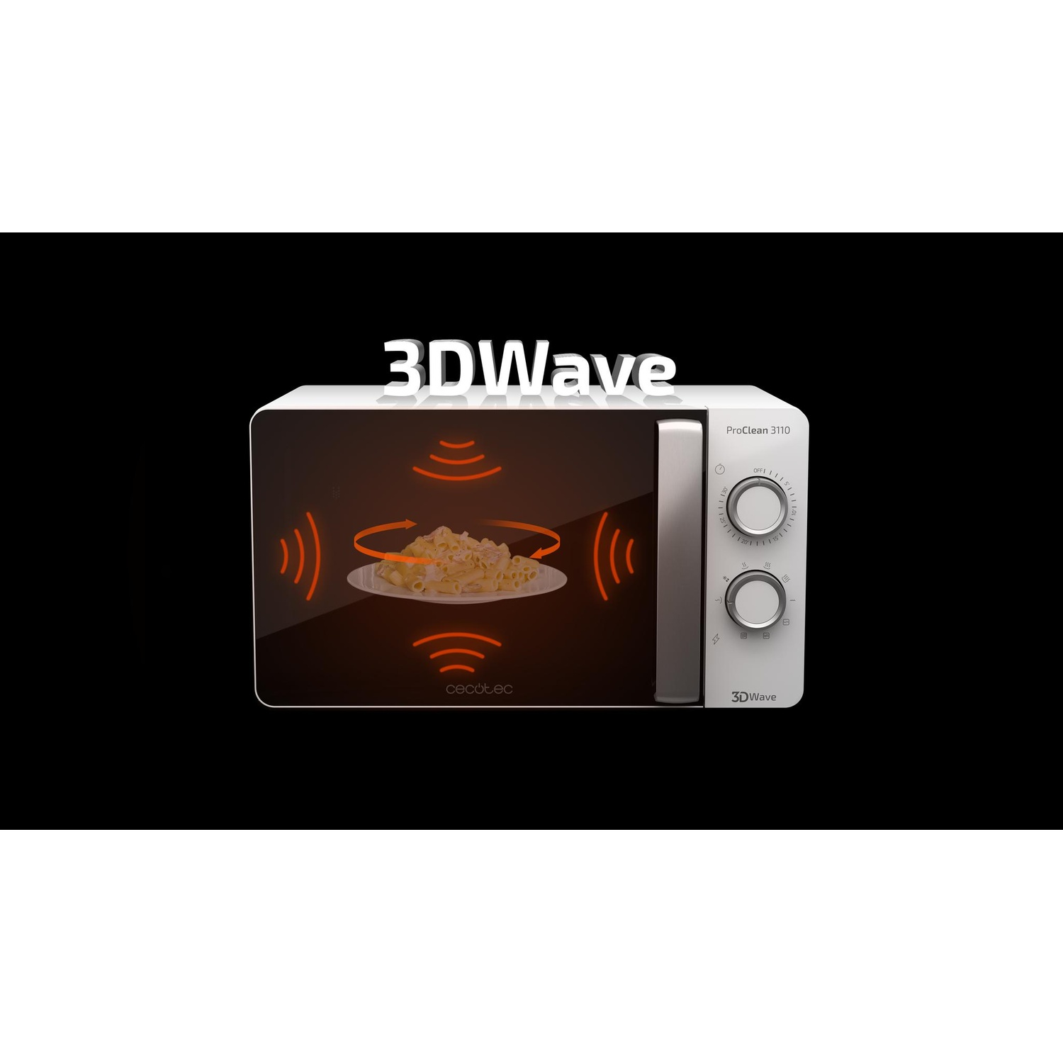 Un forno a microonde bianco con la scritta "3DWave" in alto. All'interno, un piatto di cibo. Le onde arancioni sono mostrate all'interno del microonde.