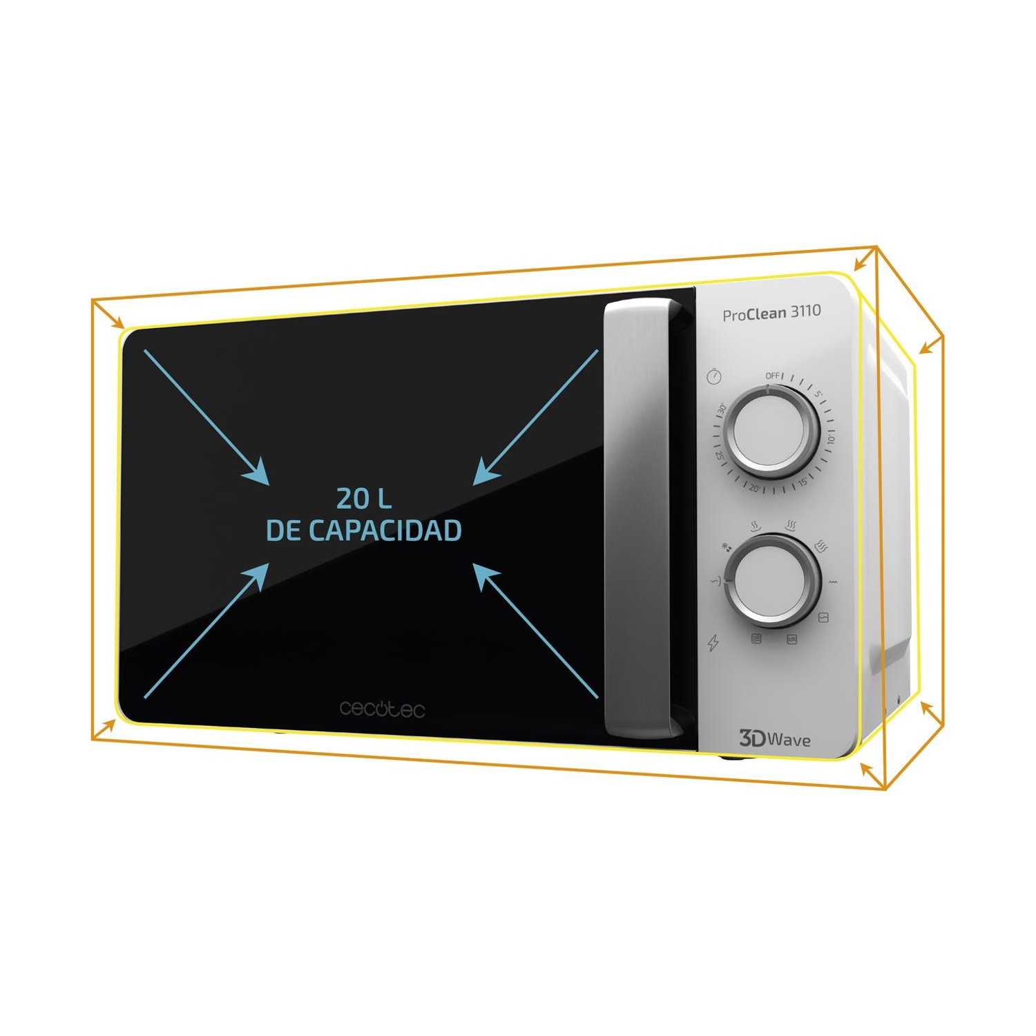 Un forno a microonde bianco con porta nera. Ha un pannello di controllo sul lato destro. La capacità è di 20 L.