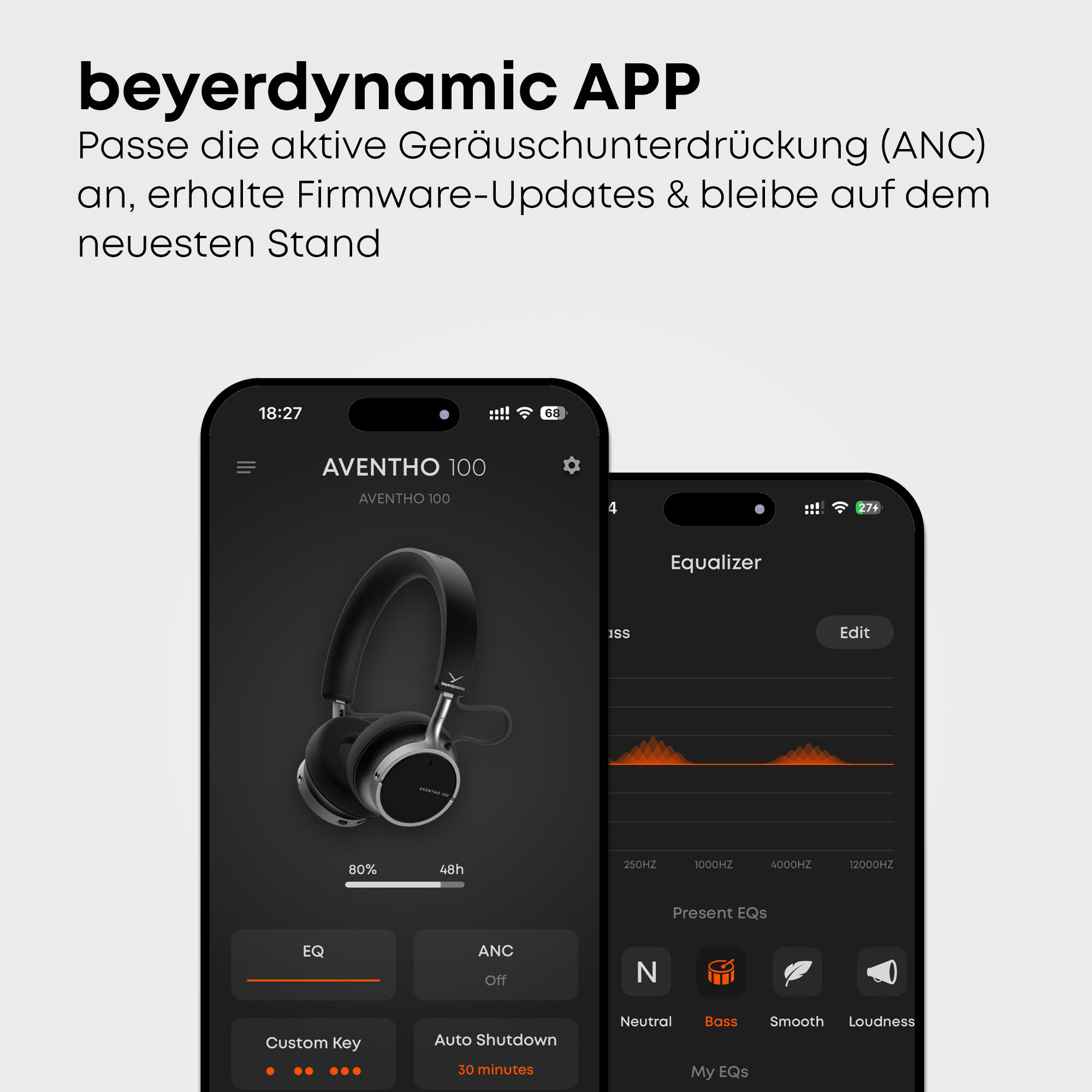 App-Oberfläche mit Kopfhörern, Equalizer-Einstellungen und ANC-Steuerung. Zeigt Akkulaufzeit und verschiedene Audio-Voreinstellungen.