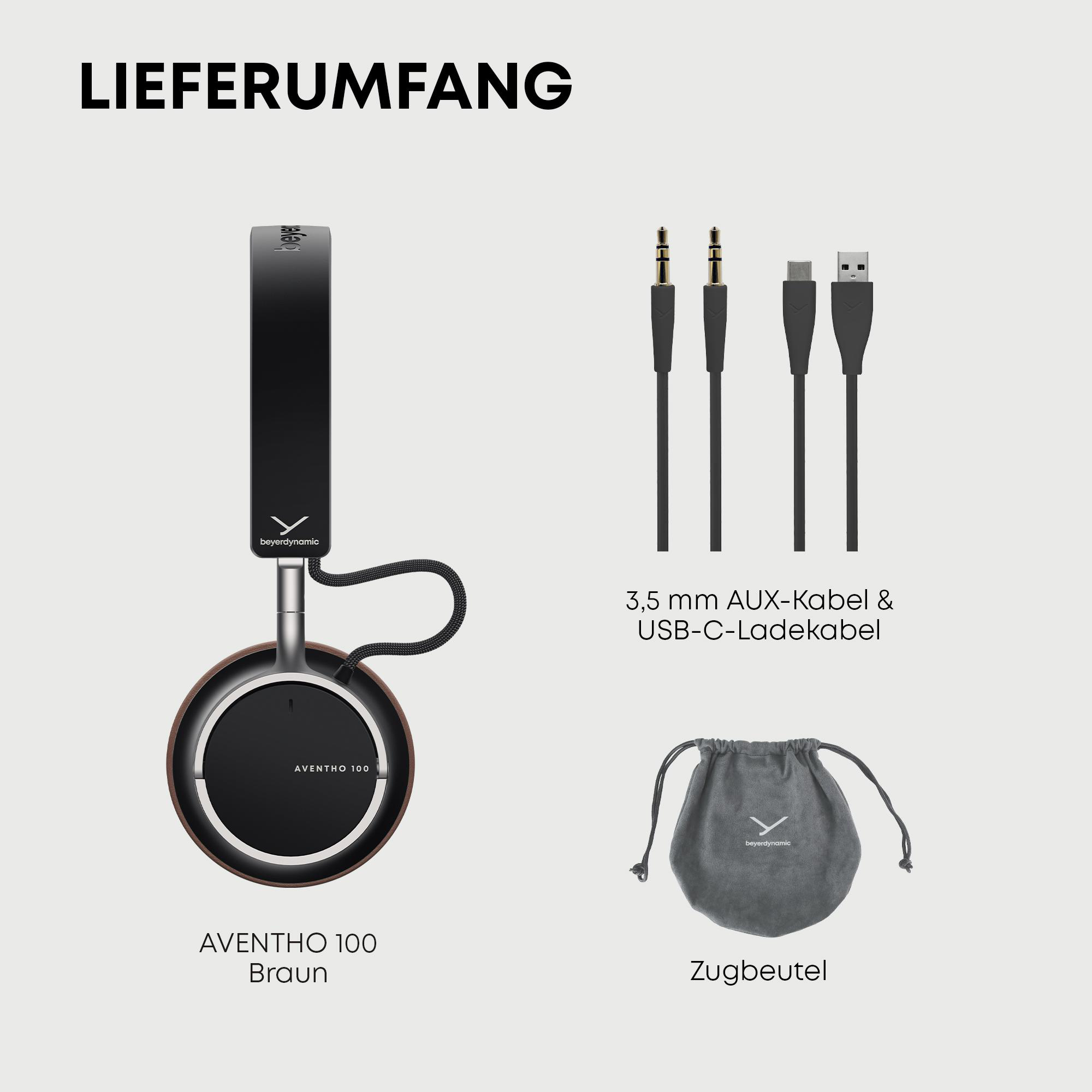 Das Bild zeigt Kopfhörer, Kabel und einen Beutel. Die Kopfhörer sind schwarz und braun. Kabel sind schwarz. Beutel ist grau.