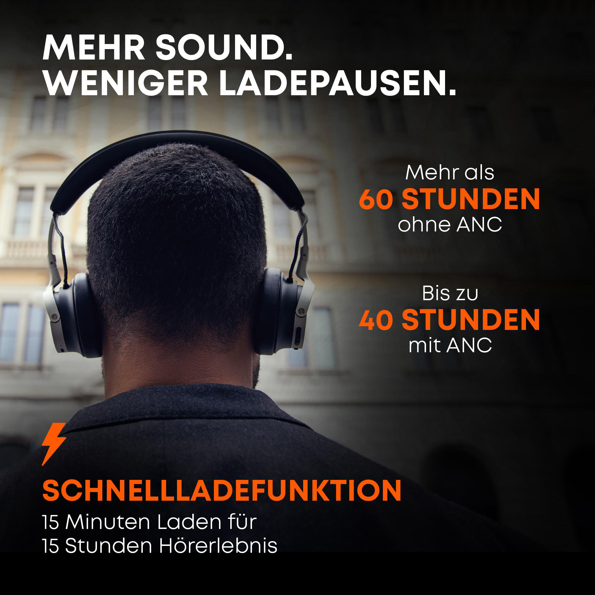Eine Person trägt Kopfhörer von hinten. Text hebt Akkulaufzeit hervor: 60 Stunden ohne ANC, 40 Stunden mit ANC, Schnellladung.