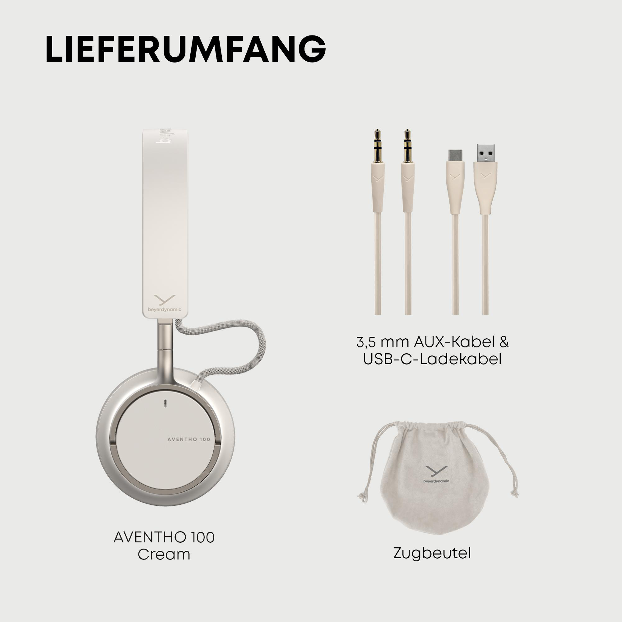 Das Bild zeigt Kopfhörer, Kabel und einen Beutel auf weißem Hintergrund. Text enthält 'AVENTHO 100 Cream' und 'LIEFERUMFANG'.