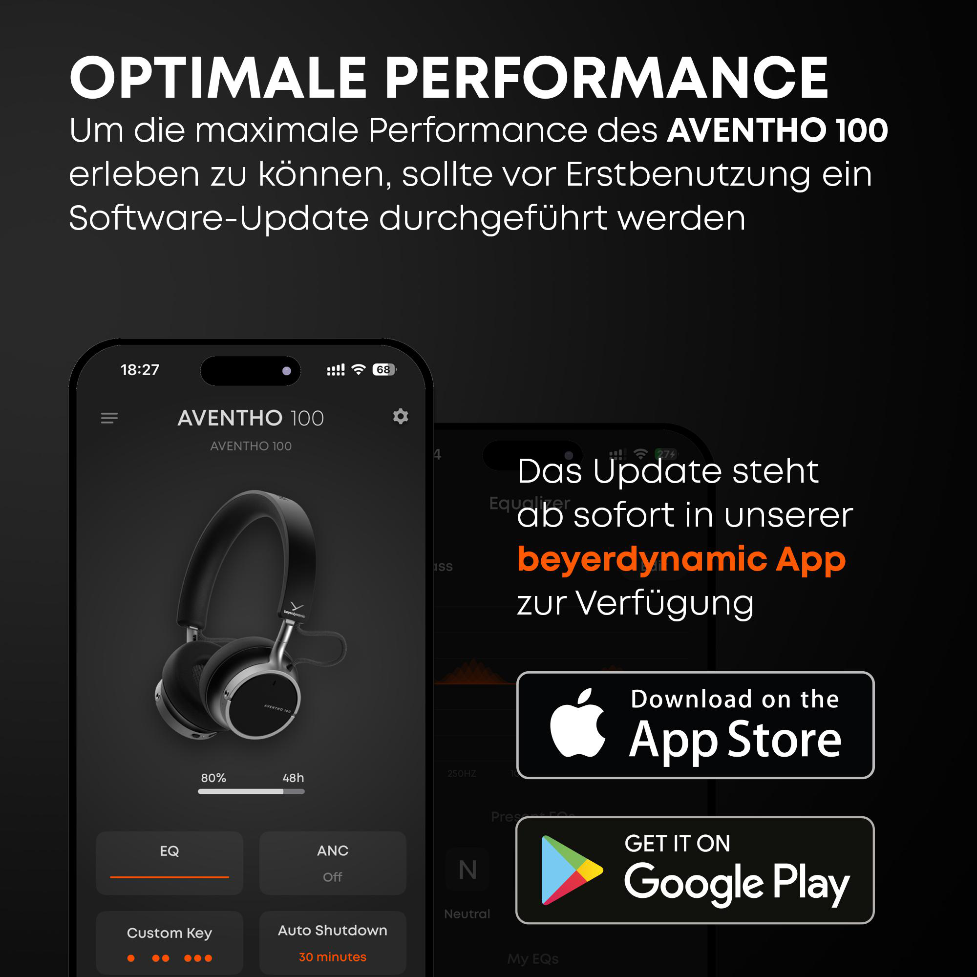 Das Bild zeigt einen Telefonbildschirm mit Kopfhörern, Text auf Deutsch über Software-Updates und App-Download-Links.