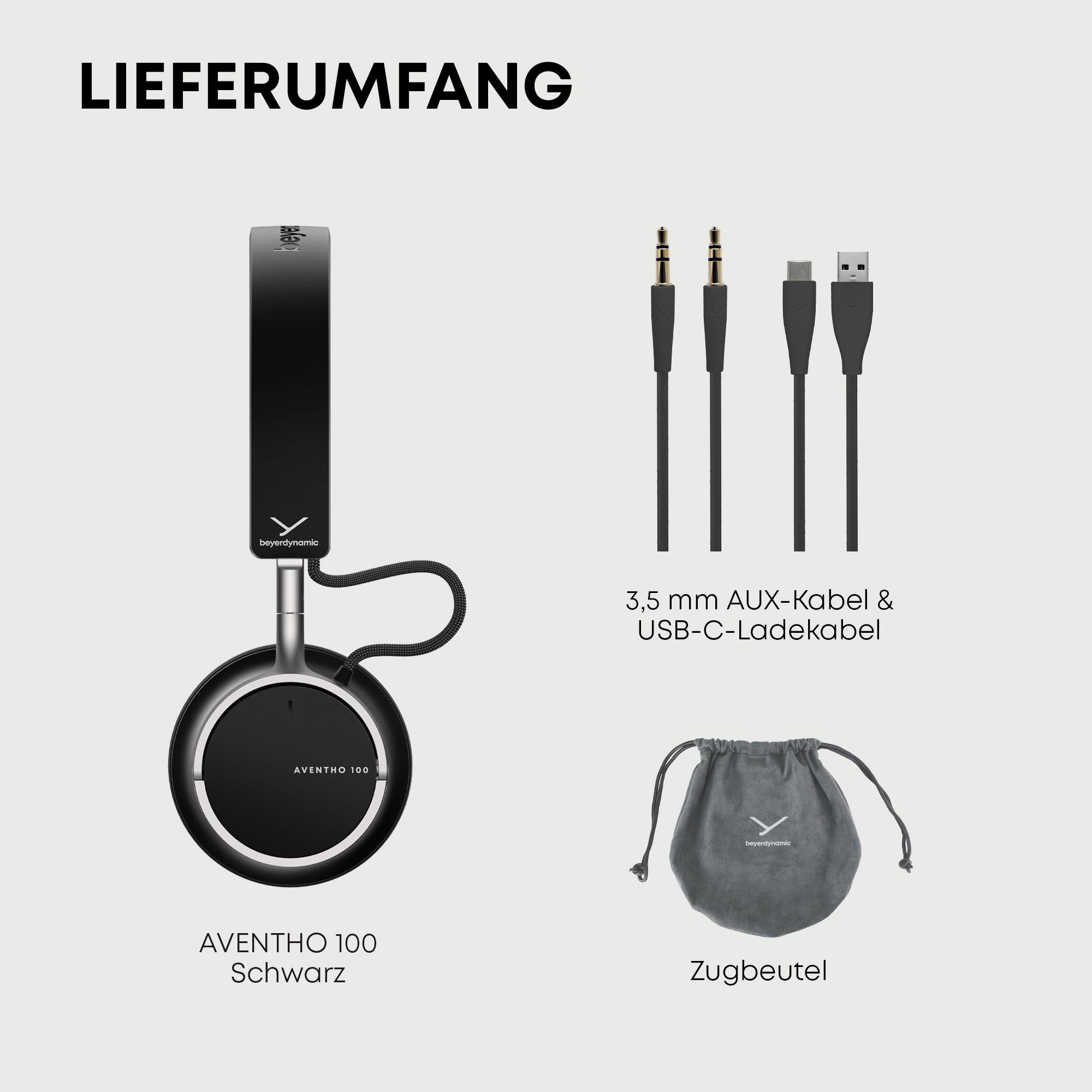 Das Bild zeigt einen schwarzen Kopfhörer, Kabel und einen Beutel. Text enthält 'AVENTHO 100' und '3,5 mm AUX-Kabel'.