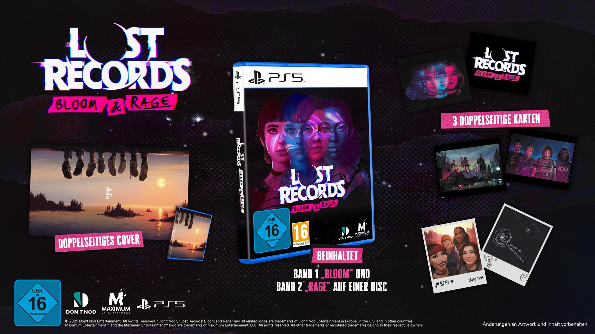 Spielcover für Lost Records: Bloom & Rage. Enthält ein PS5-Spielcase, Karten und Werbebilder auf dunklem Hintergrund.