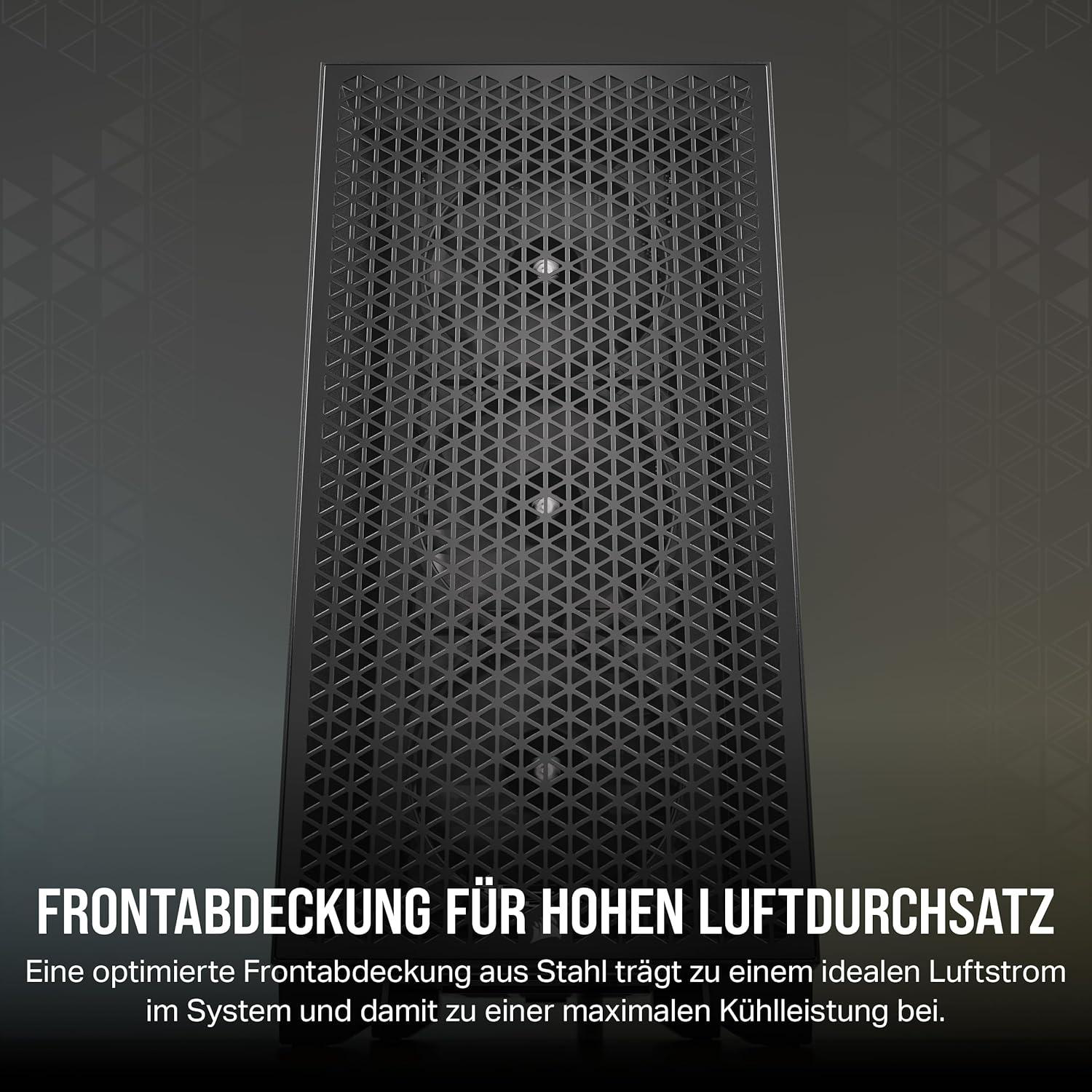 Schwarze Computergehäusefront mit dreieckigem Maschenmuster. Text unten erwähnt hohen Luftstrom und optimale Kühlung.